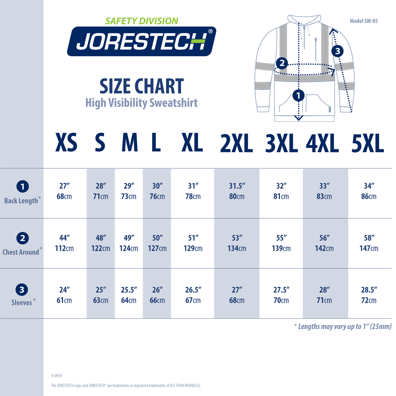 Size chart of Hi vis safety sweater with reflective stripes