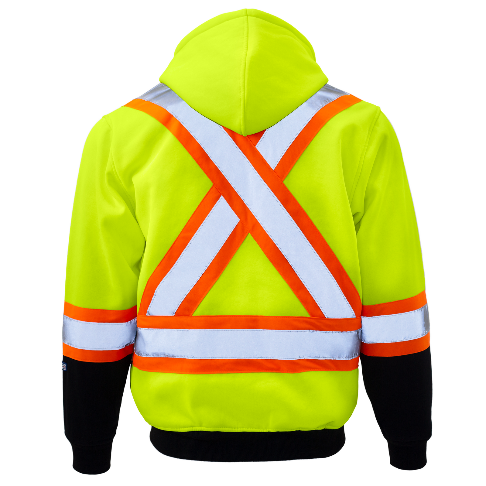 Lime high visibility safety hooded sweater with reflective X on back