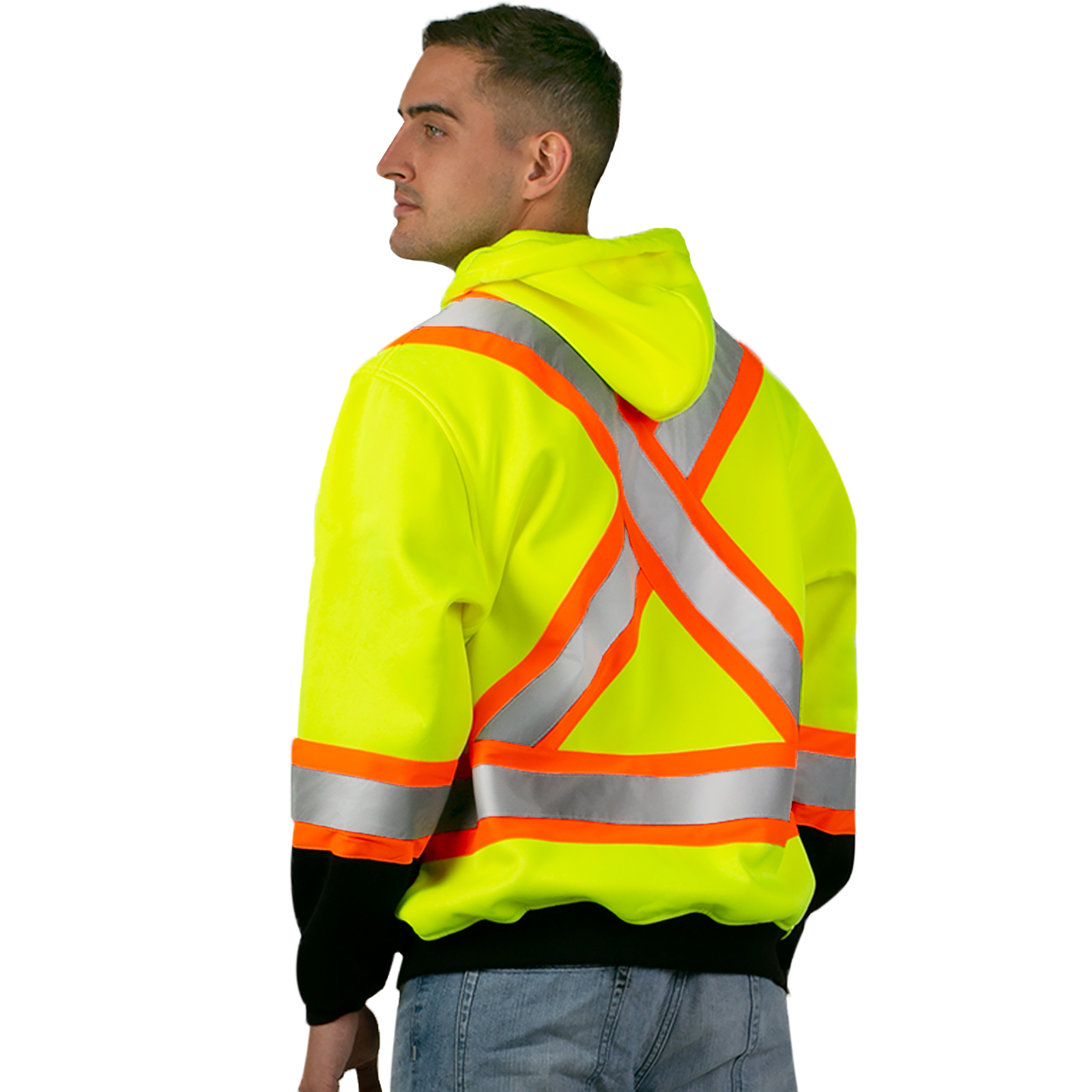 Man wearing the yellow hi vis two tone sweater with reflective X on the back