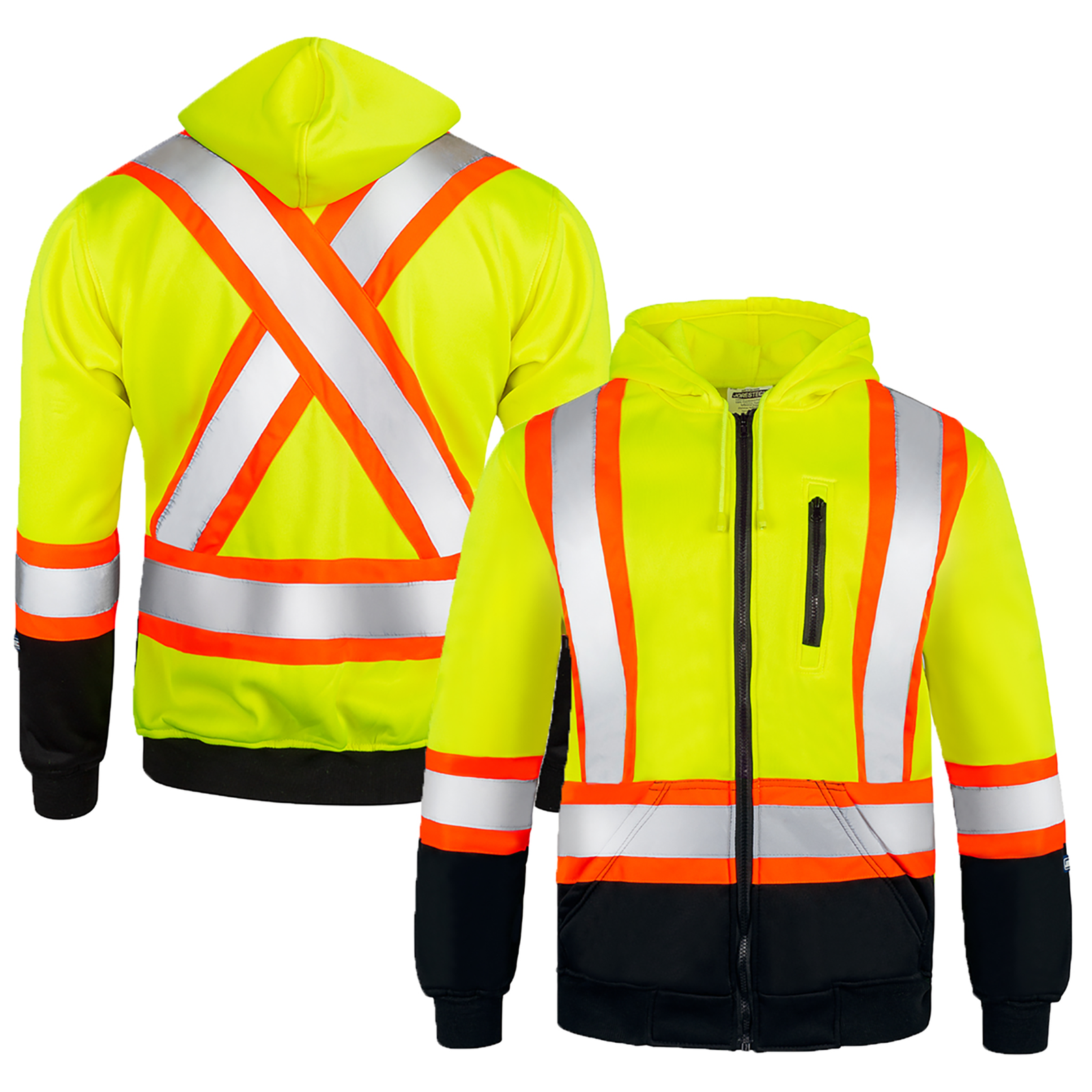Front and back view of the hi vis yellow safety hooded sweatshirt with reflective stripes