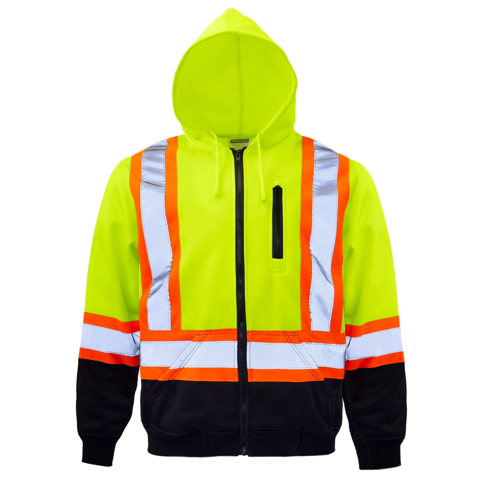 Hi vis yellow safety hooded sweatshirt with reflective stripes ANSI class 3 type R