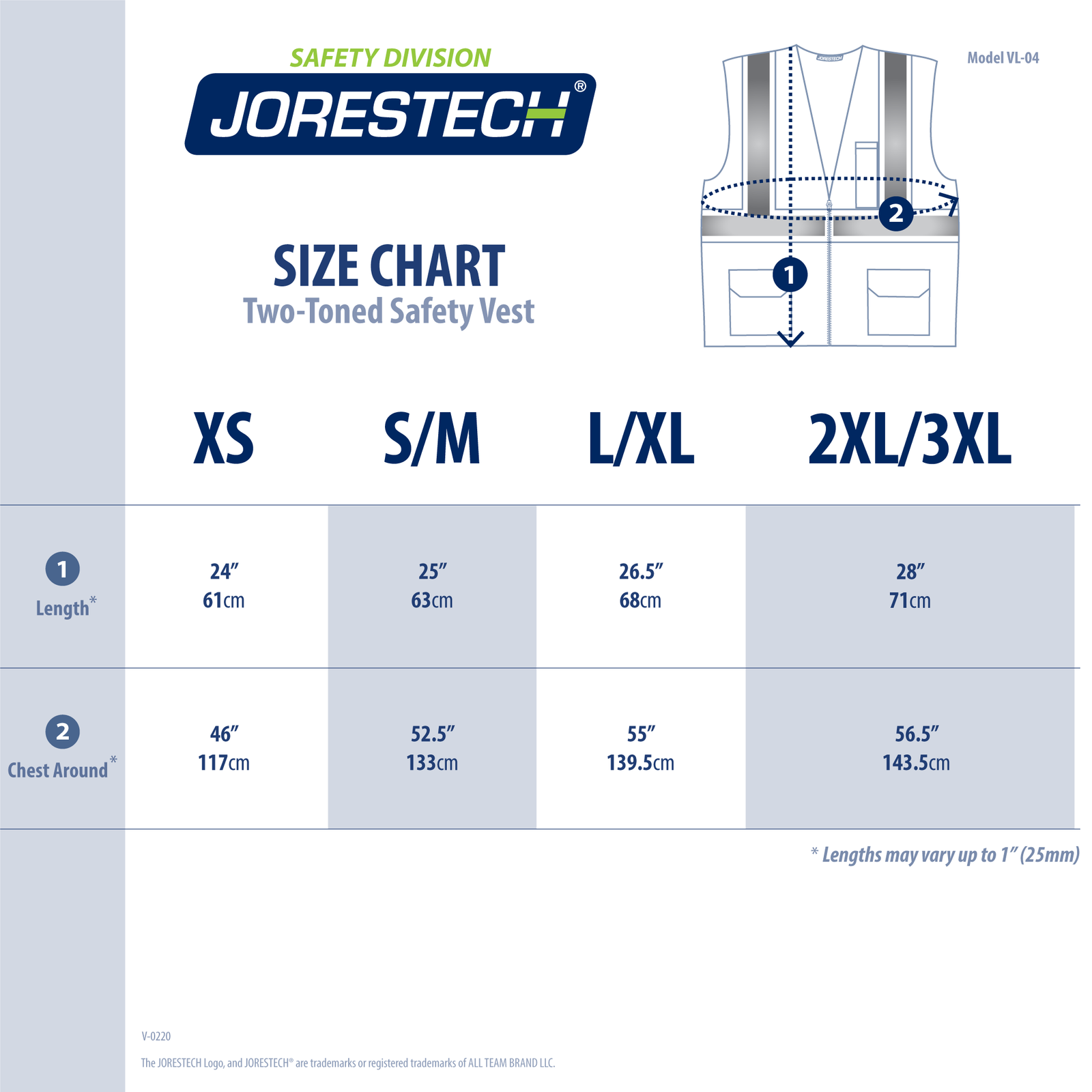 Size chart of the JORESTECH vi vis 2 tone mesh ANSI safety vest with reflective strips and pockets