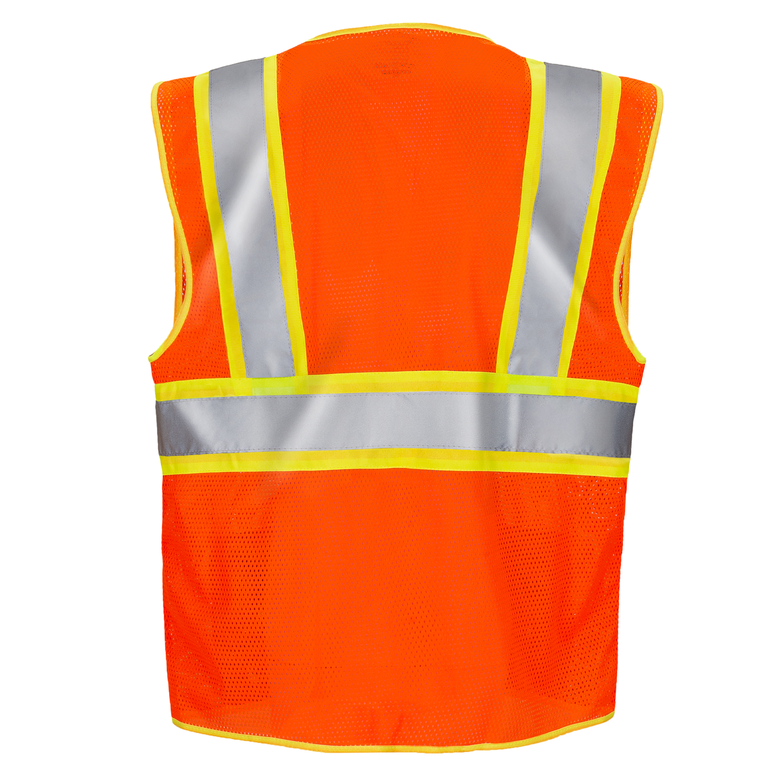 Back view of the hi vis two toned Orange mesh safety vest with 2 inches reflective strip and pockets
