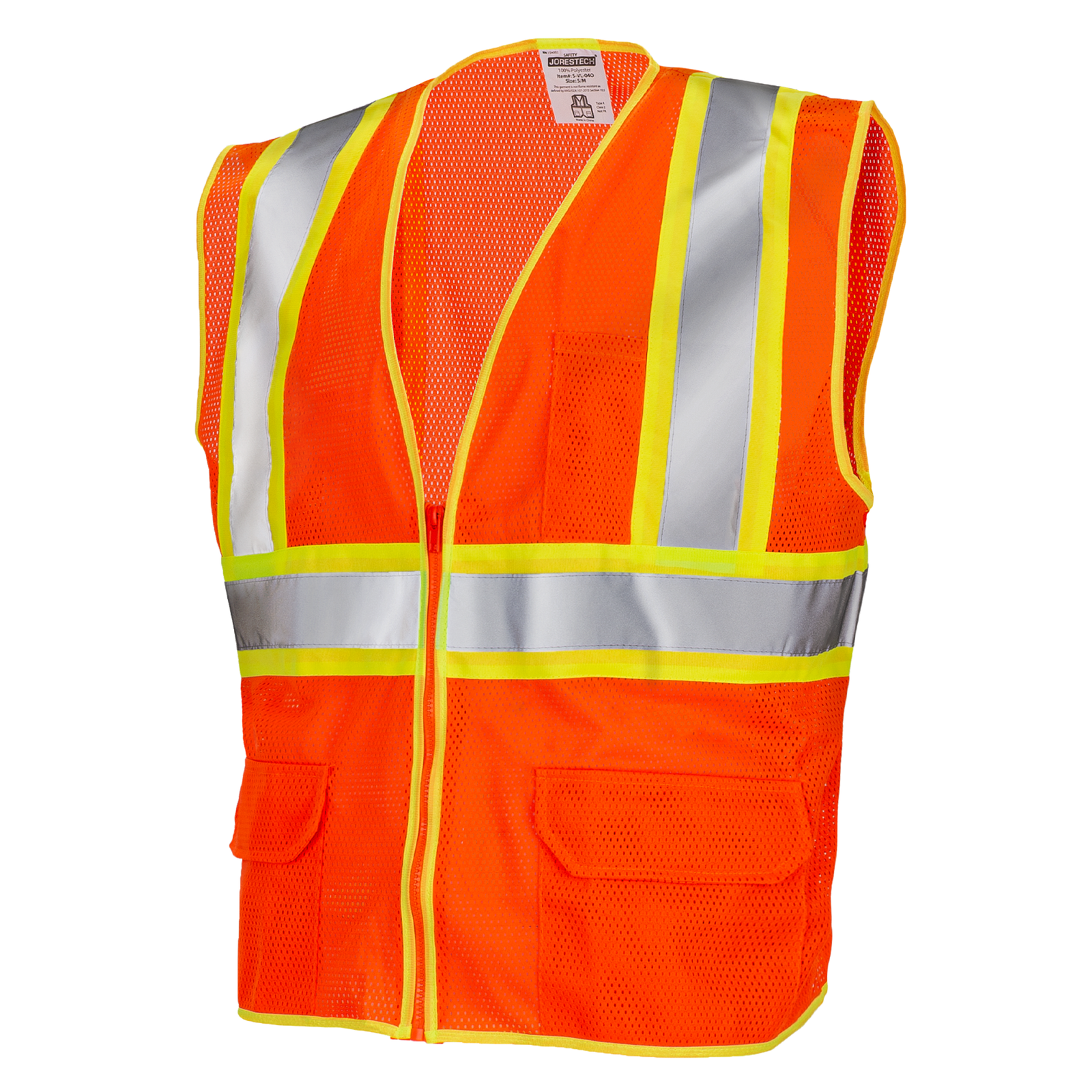 Diagonal view of the hi vis two toned Orange mesh safety vest Type R Class 2 with 2 inches reflective strip and pockets
