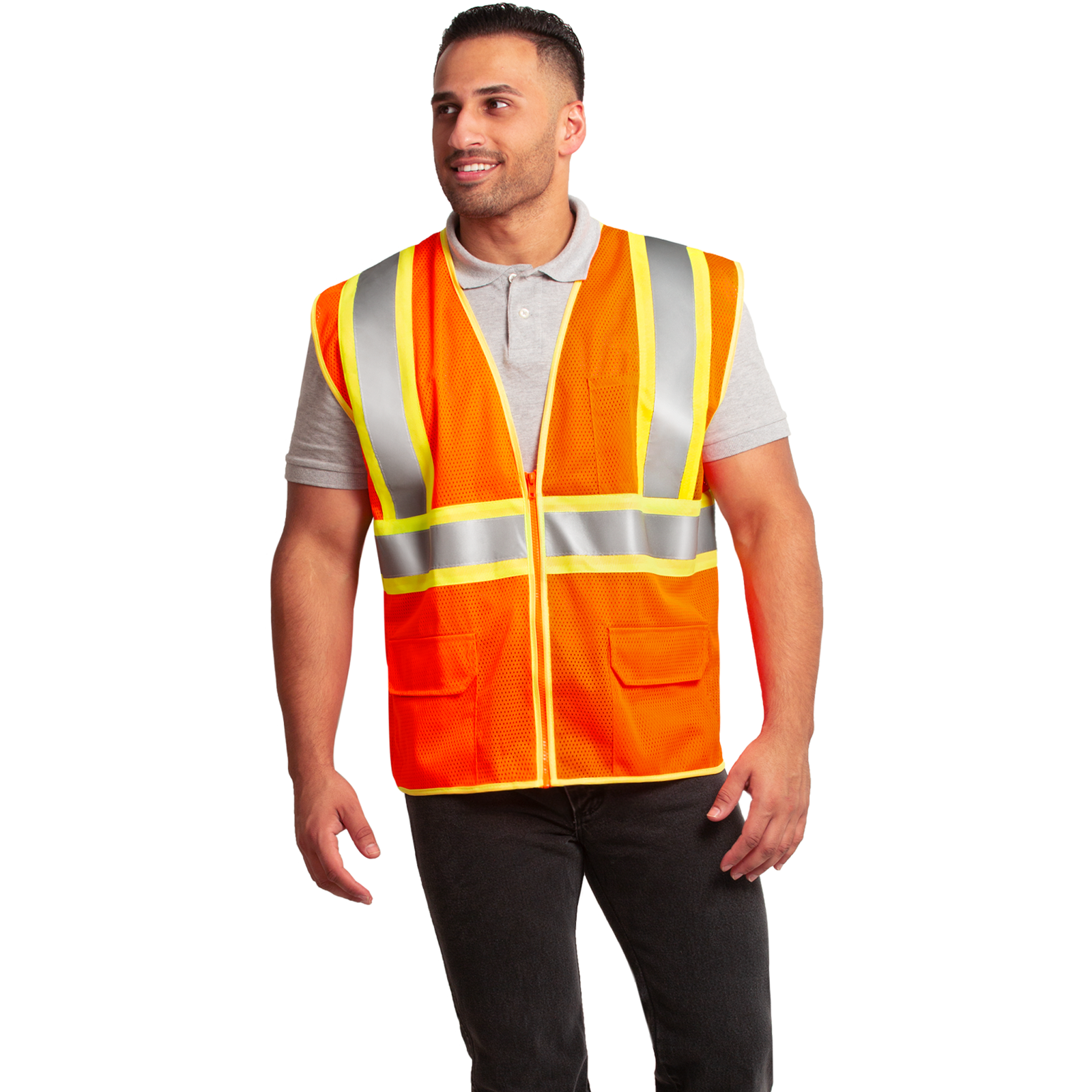 A man wearing a hi vis two toned orange safety vest 