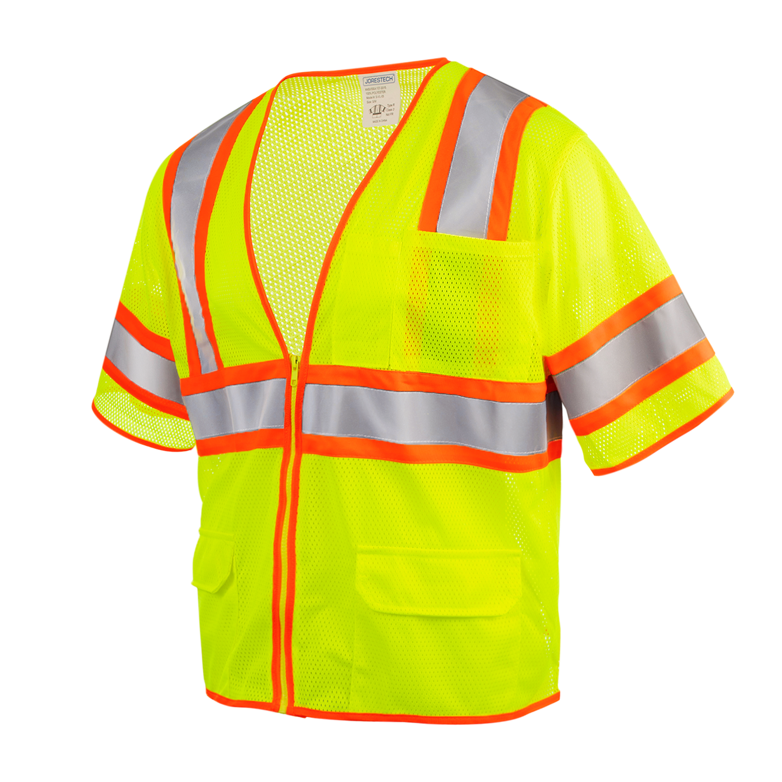 Diagonal view of the JORESTECH® Hi-Vis two toned mesh sleeved safety vest with 2 inches reflective strips over white background.