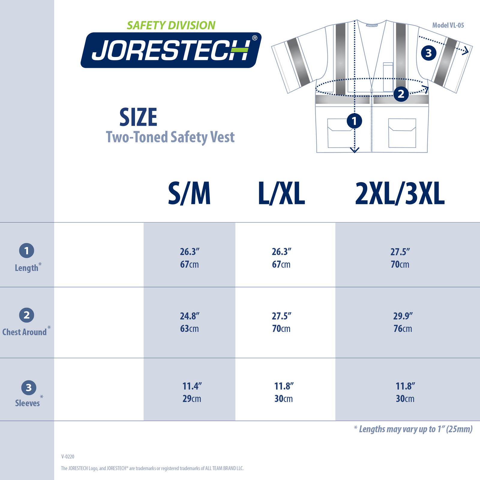 Size chart of the hi vis two toned mesh sleeved safety vest ANSI class 3 type R
