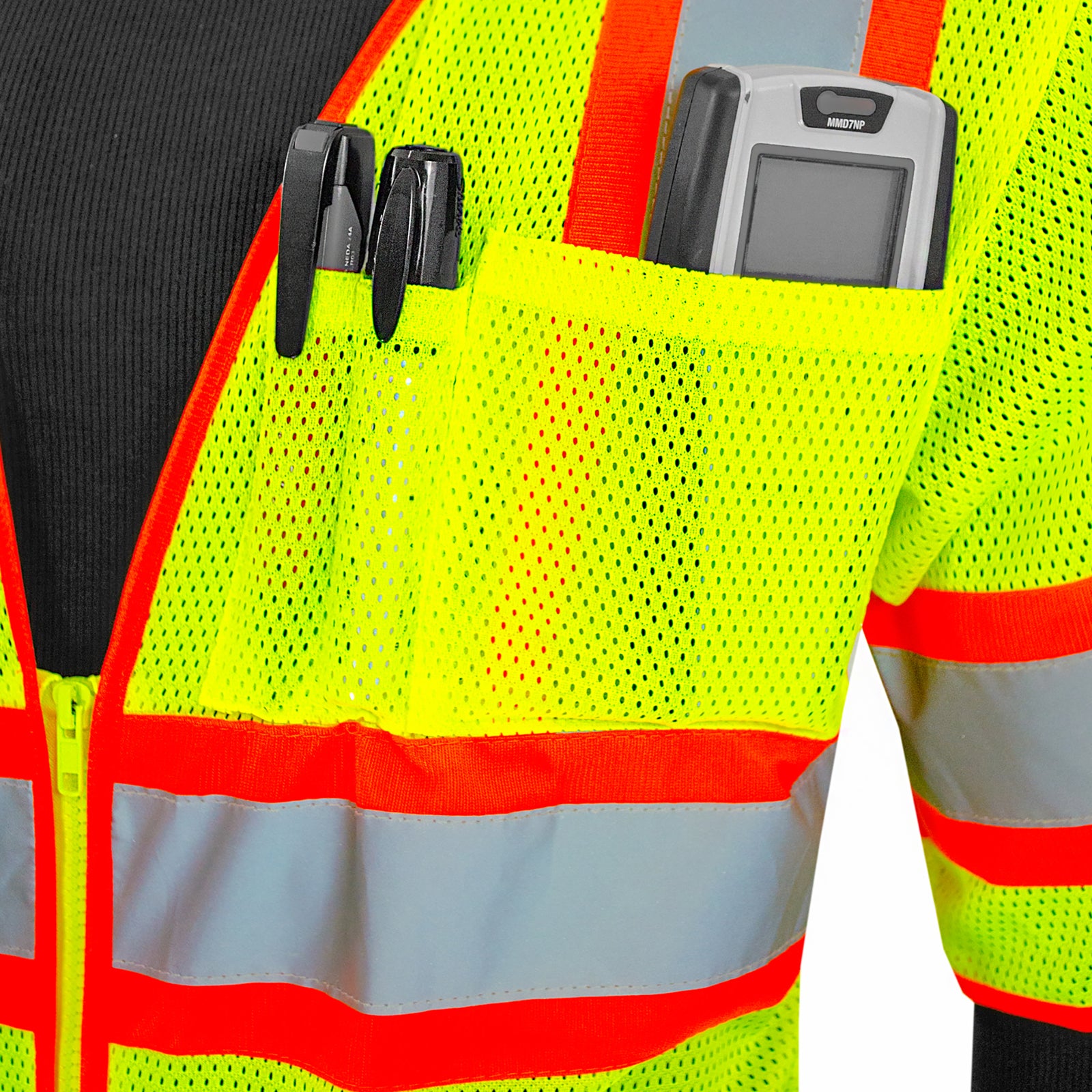Close up of the lime and orange mesh safety vest with 2 chest pockets
