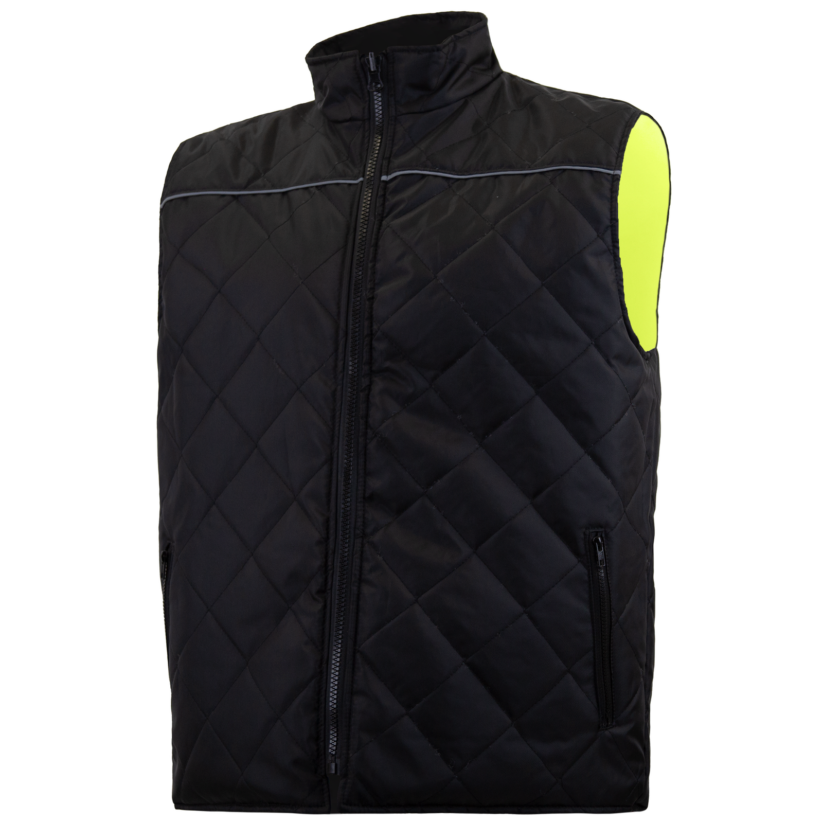 Diagonal view of the black side of the JORESTECH vi-vis X on back reversible insulated safety vest with reflective strips
