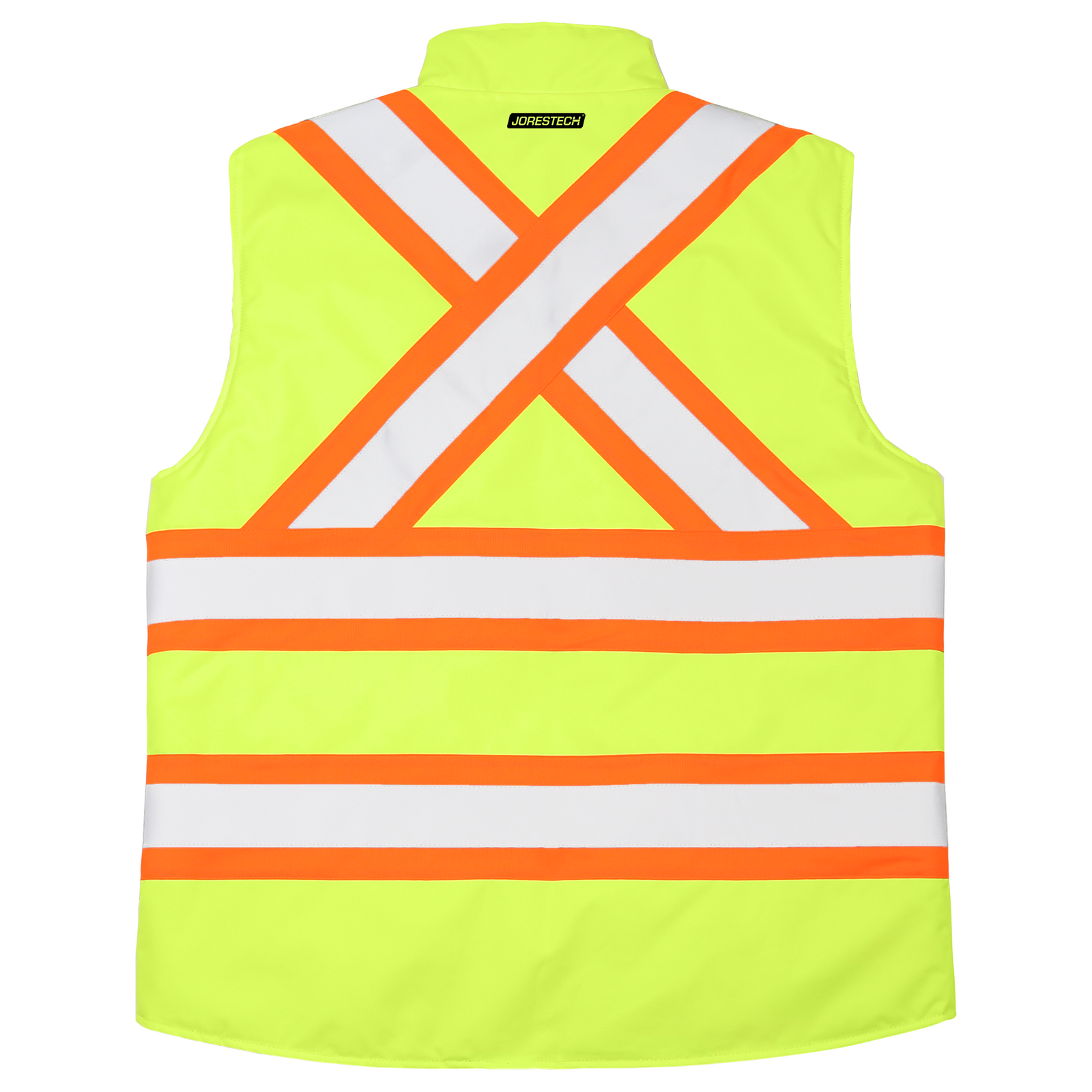Back view of the yellow JORESTECH vi-vis X on back reversible insulated safety vest with reflective and orange contrasting strips