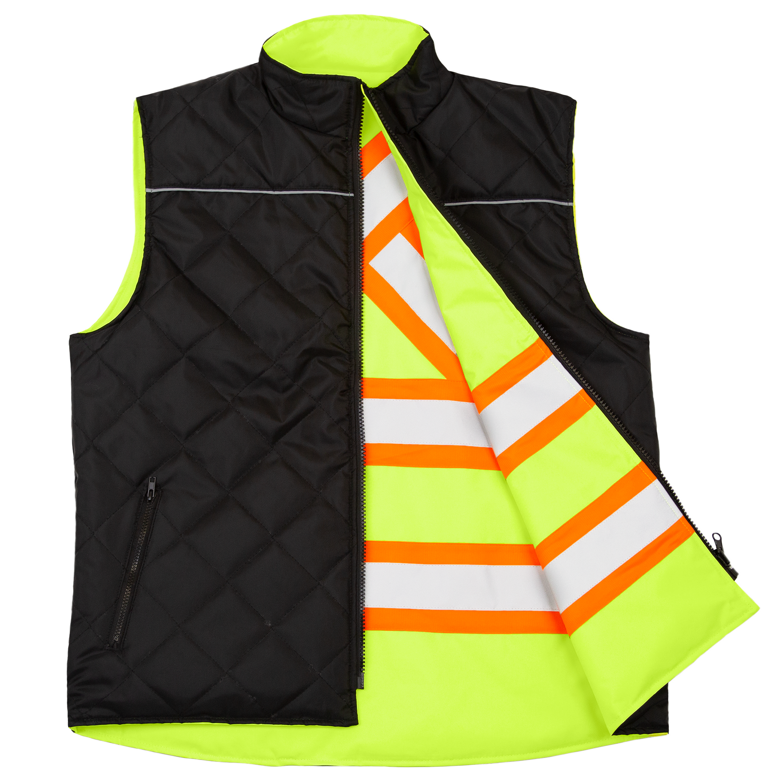 Front view  of the black side of the vi-vis X on back reversible insulated safety vest ANSI class 2 type R with reflective strips