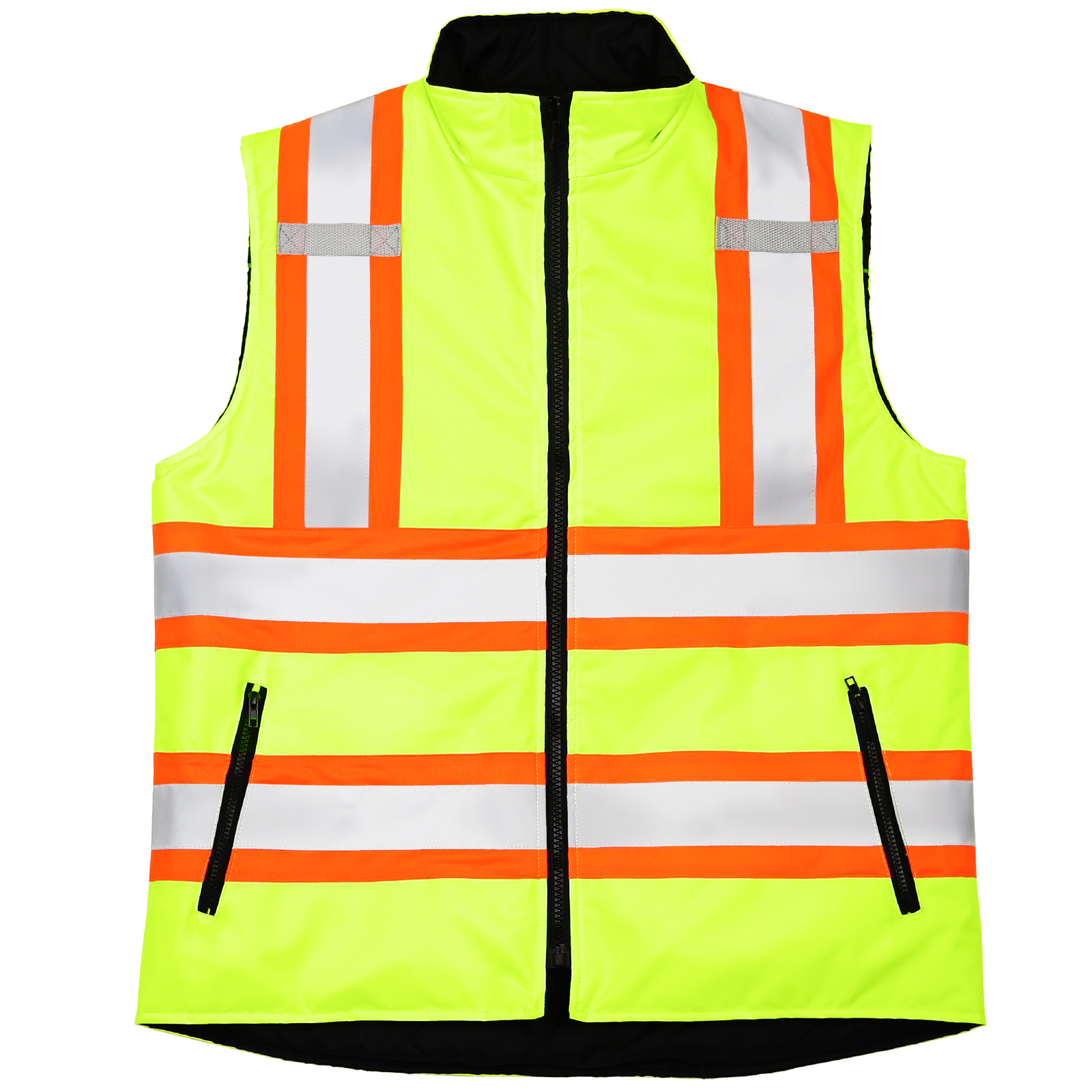 Front view of the yellow JORESTECH vi-vis X on back reversible insulated safety vest with reflective strips for road work