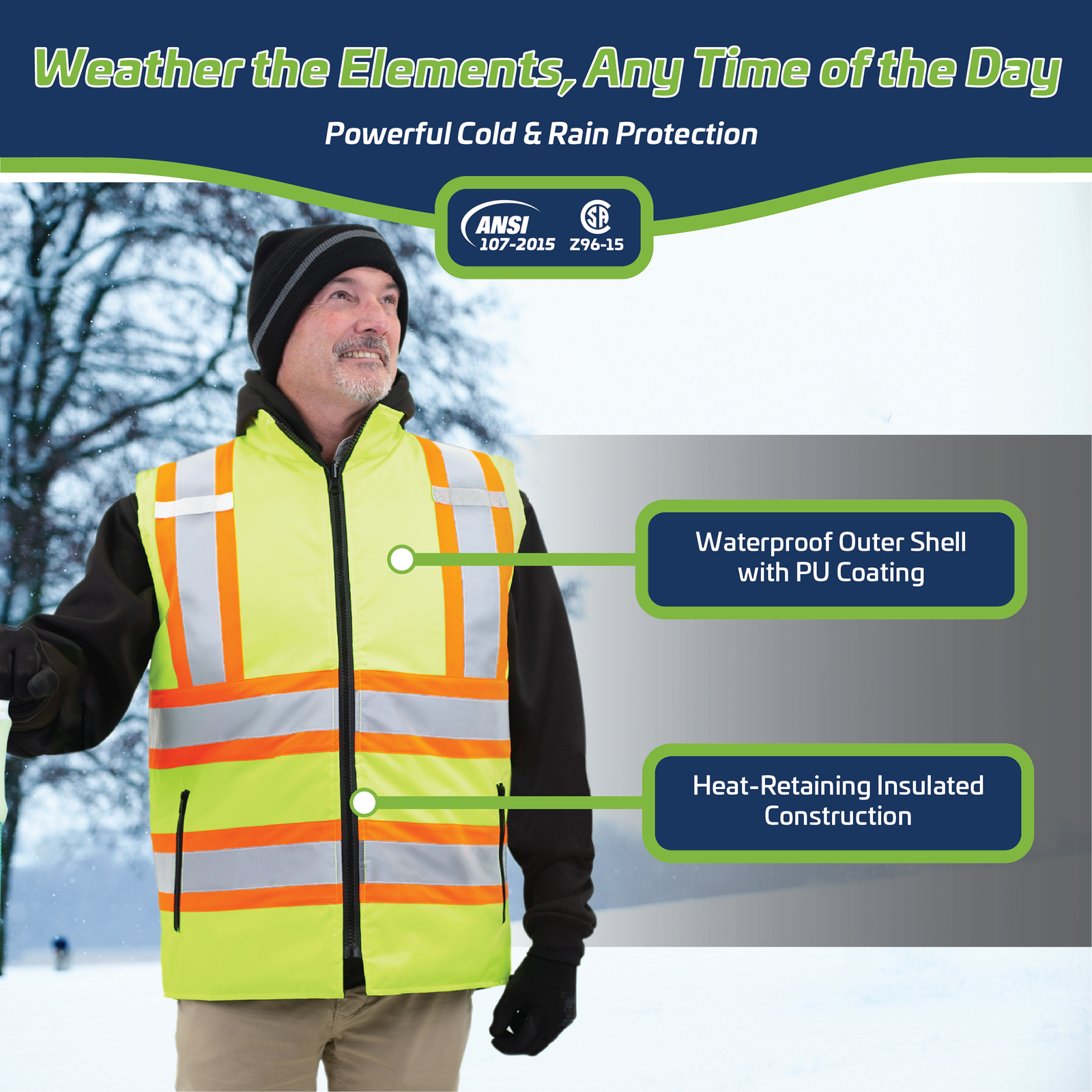 Man wearing the black hi-vis X on the back reversible insulated safety vest for road construction. Text reads, cold and rain protection. ANSI 107 215. CSA Z96 15. Water proof PU coating. Heat retaining Insulated construction