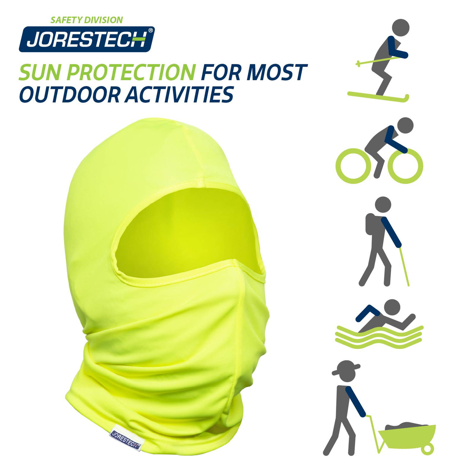 Image shows one balaclava and several icons of outdoor activities like biking, skiing, highking, swimming, construction under the sun. Banner reads: Sun protection for most outdoor activities. JORESTECH® Safety Division