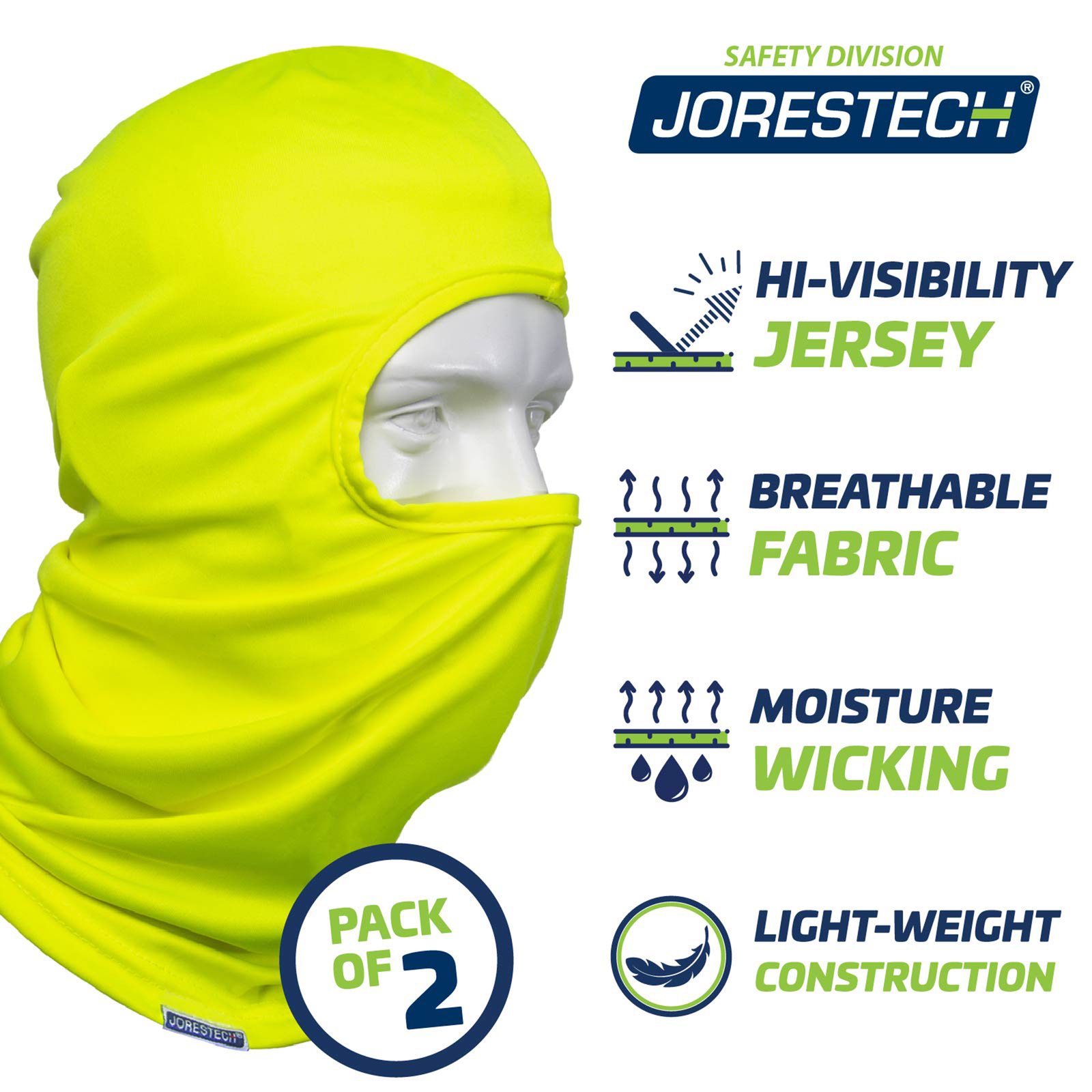 Image shows a hi-vis JORESTECH balaclava mask and a round circle that reads: pack of 2. Plus 4 icons that mention: Hi Visibility Jersey, Breathable fabric, Moisture wicking, Light weight construction.