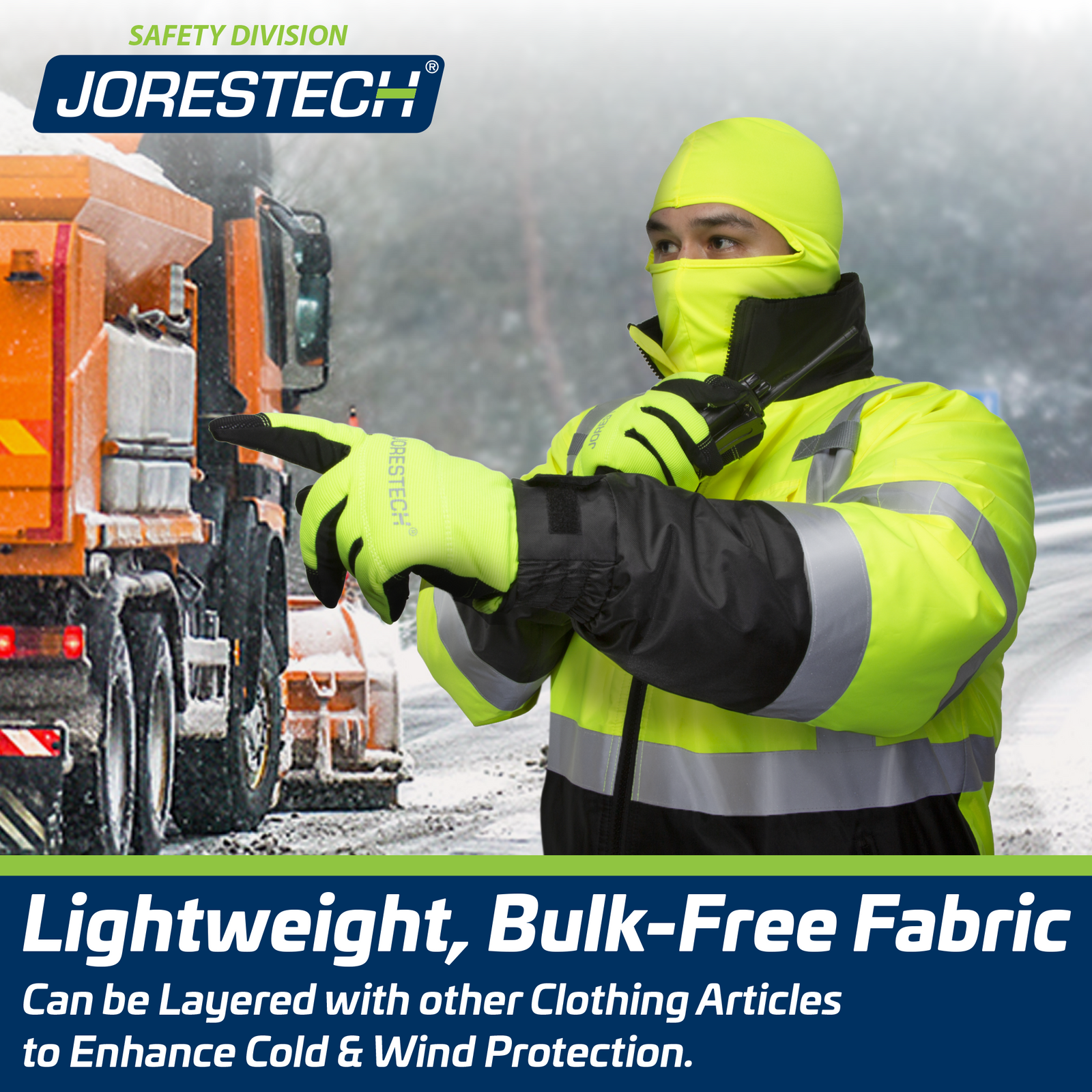 Banner of a man wearing the Hi-vis balaclava mask while he is in a road construction during winter time
