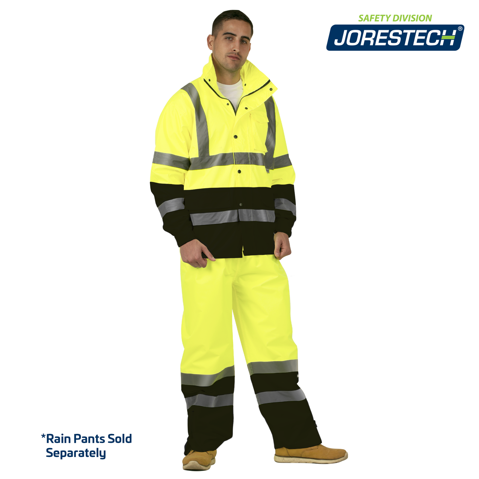 Man wearing the yellow and black high visibility rain jacket and pants. Theres blue text that reads 