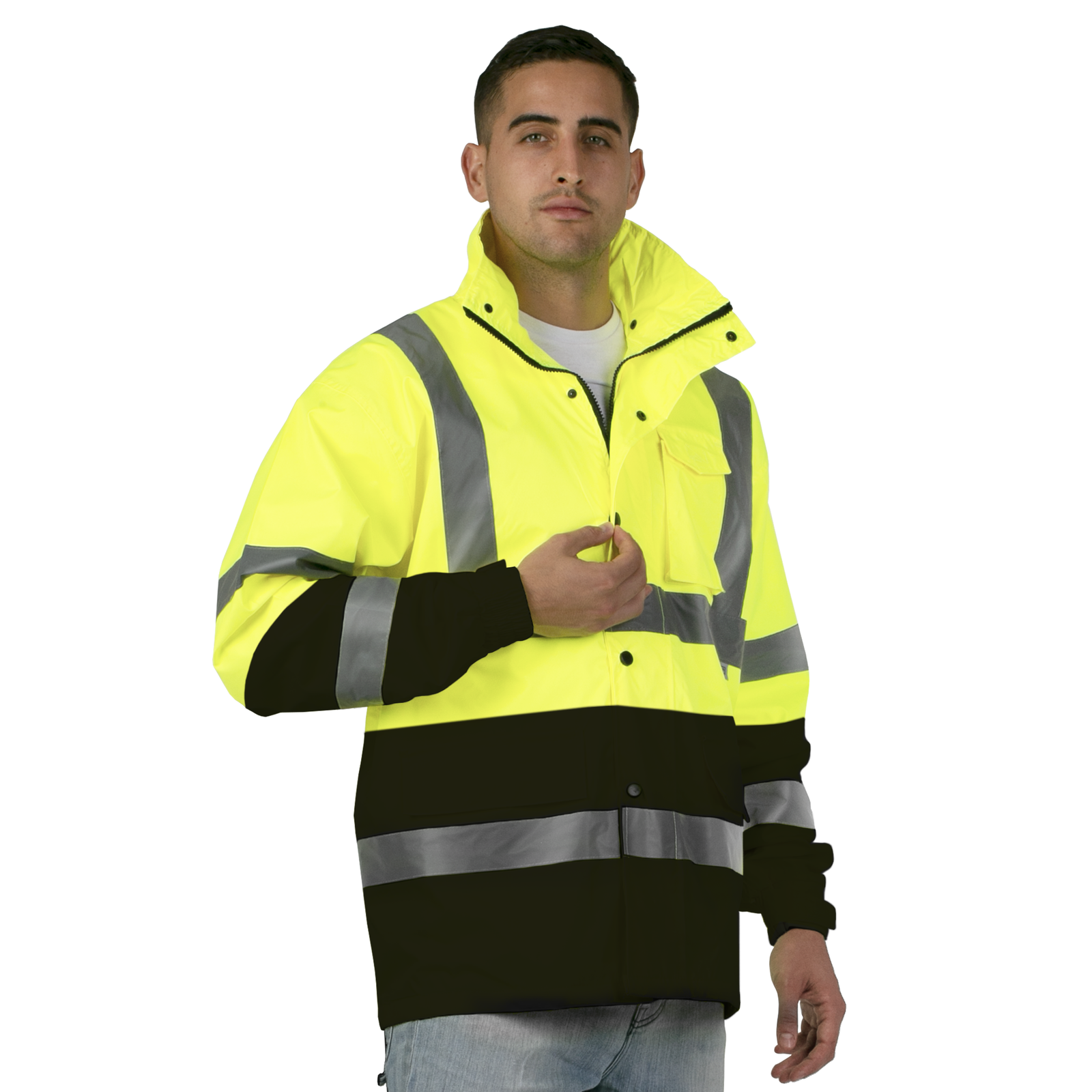 Man wearing the yellow and black high visibility rain jacket