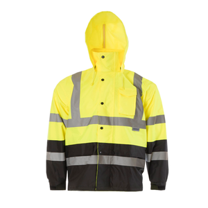 Front view of a JORESTECH High visibility yellow and black rain jacket with 2 inches reflective and detachable hoodie