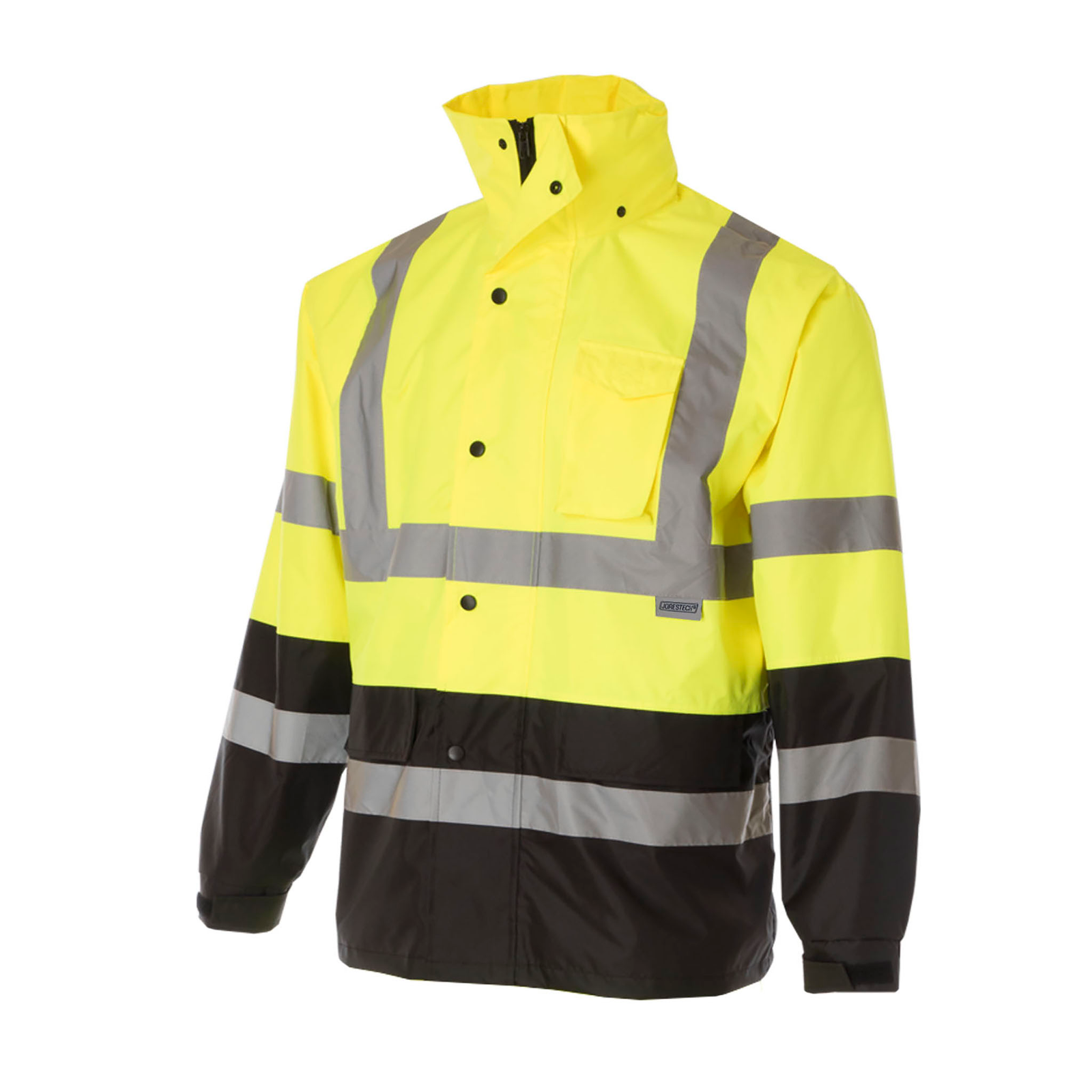 Diagonal view of a JORESTECH High visibility yellow and black rain jacket with 2 inches reflective strips and hideaway hoddie
