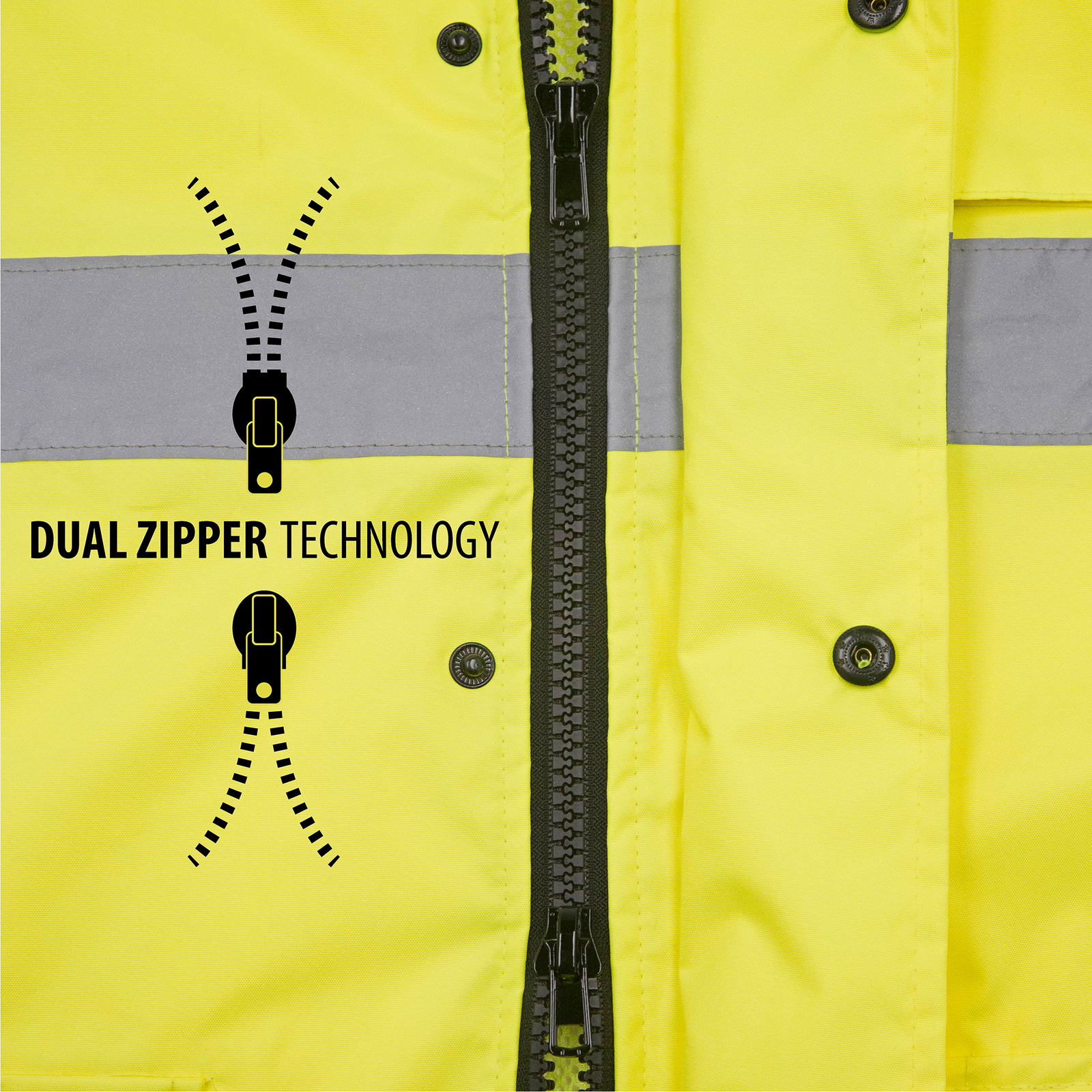 detail of the dual zipper technology that comes with the jorestech yellow and black rain jacket. Zipper open in both directions form top to bottom and from bottom to top 