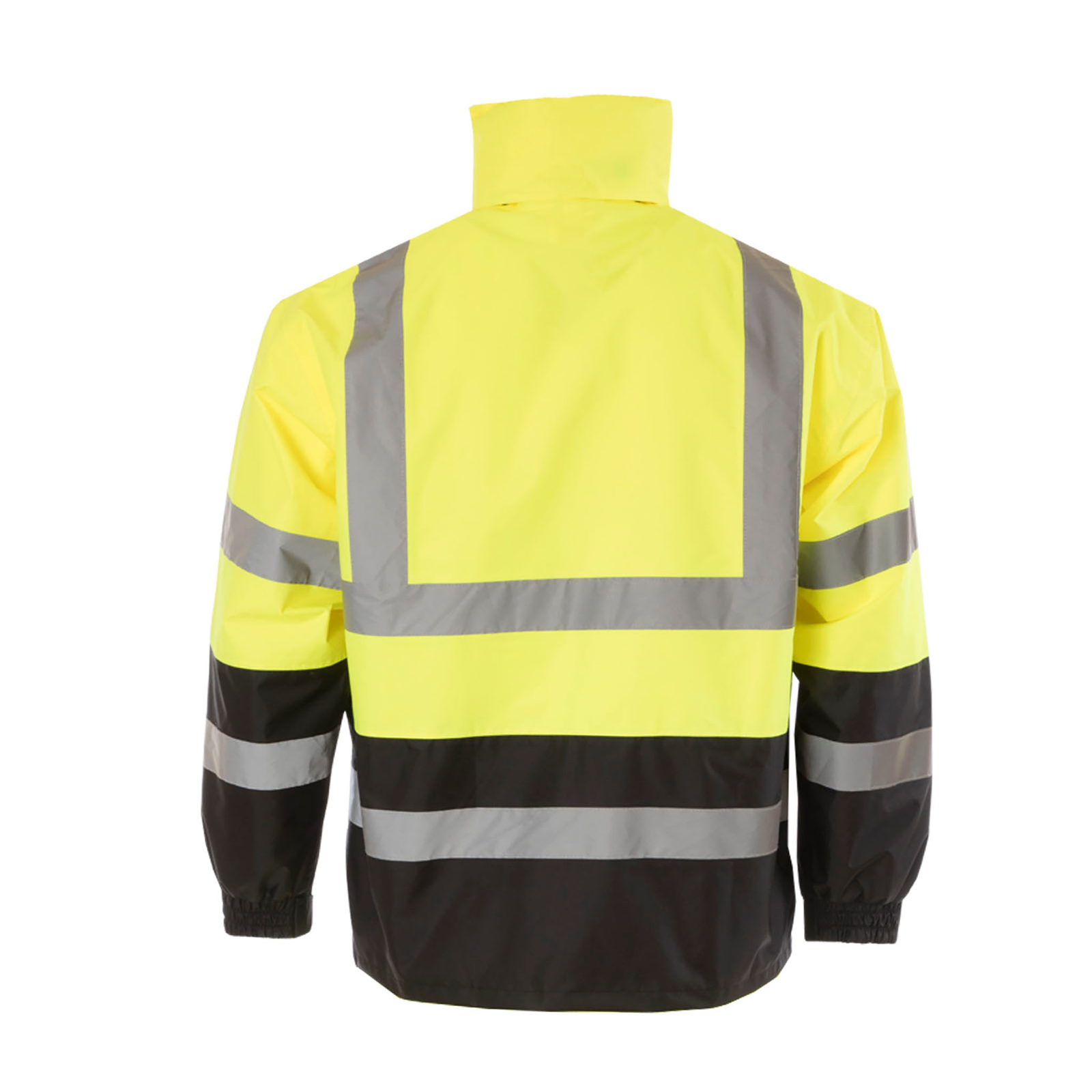 Back view of a JORESTECH High visibility yellow and black rain jacket class 3 type R with 2 inches reflective strips