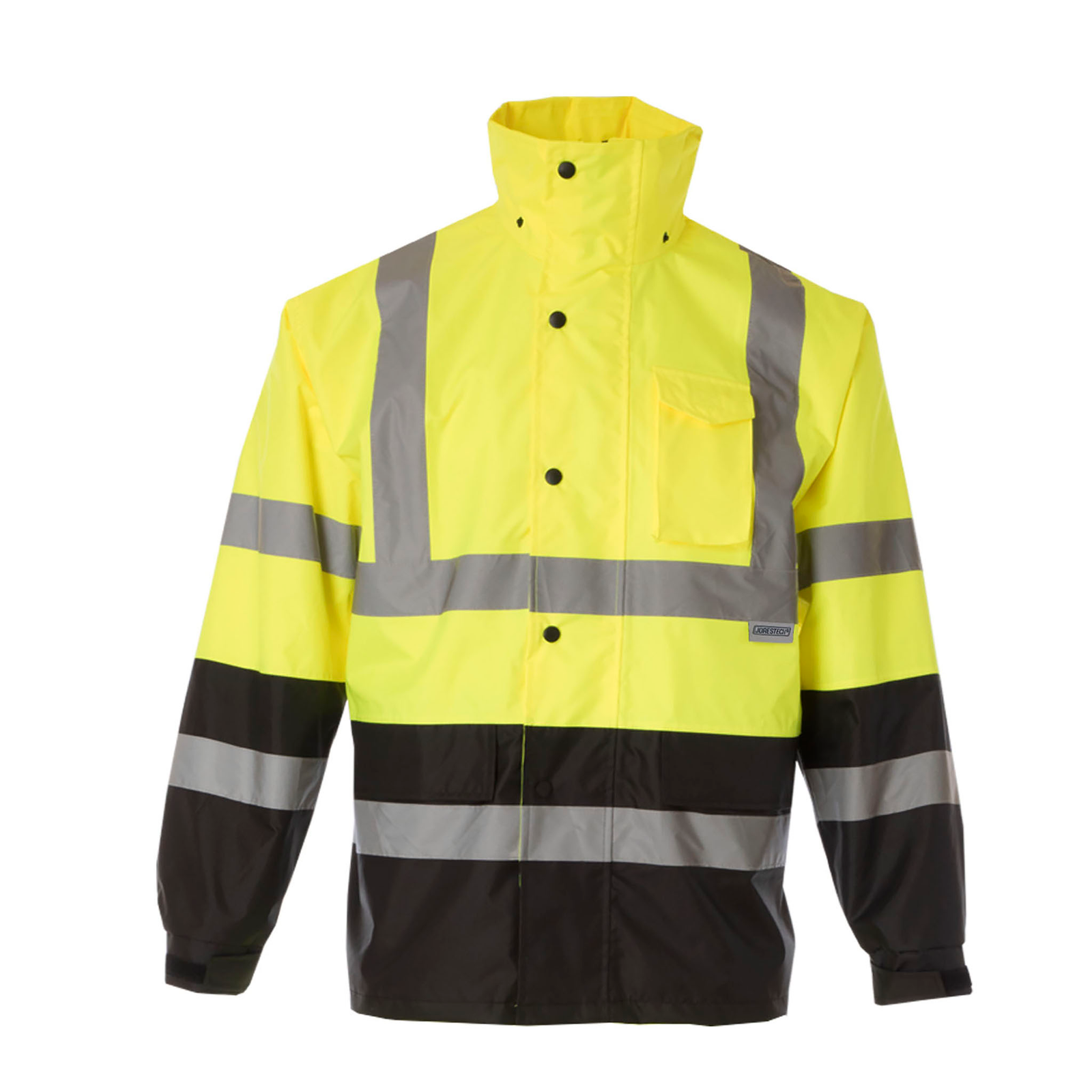 Front view of a JORESTECH High visibility yellow and black rain jacket with 2 inches reflective strips and hoodie