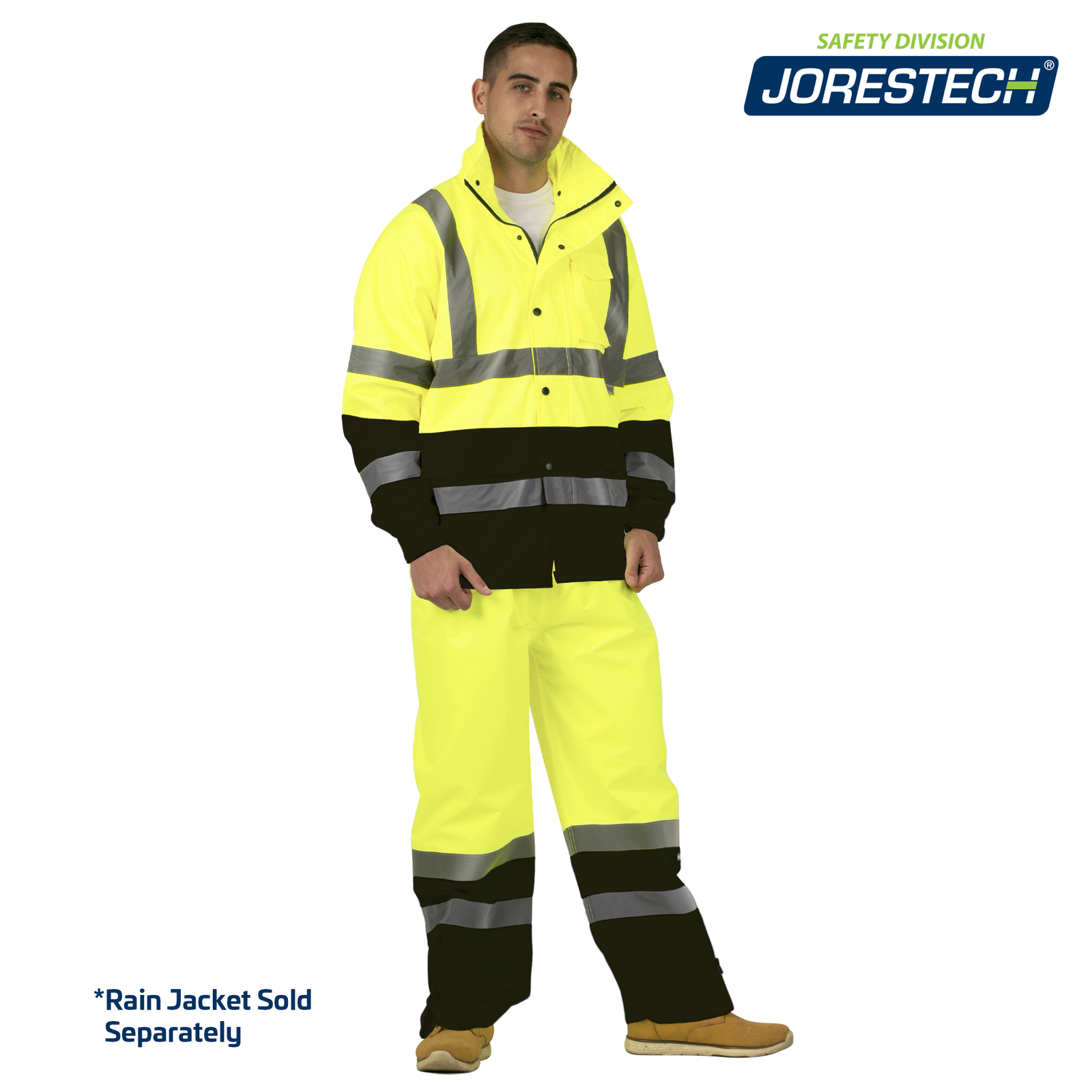 image of a man wearing the high visibility rain pants and rain jacket. There is blue text that reads 