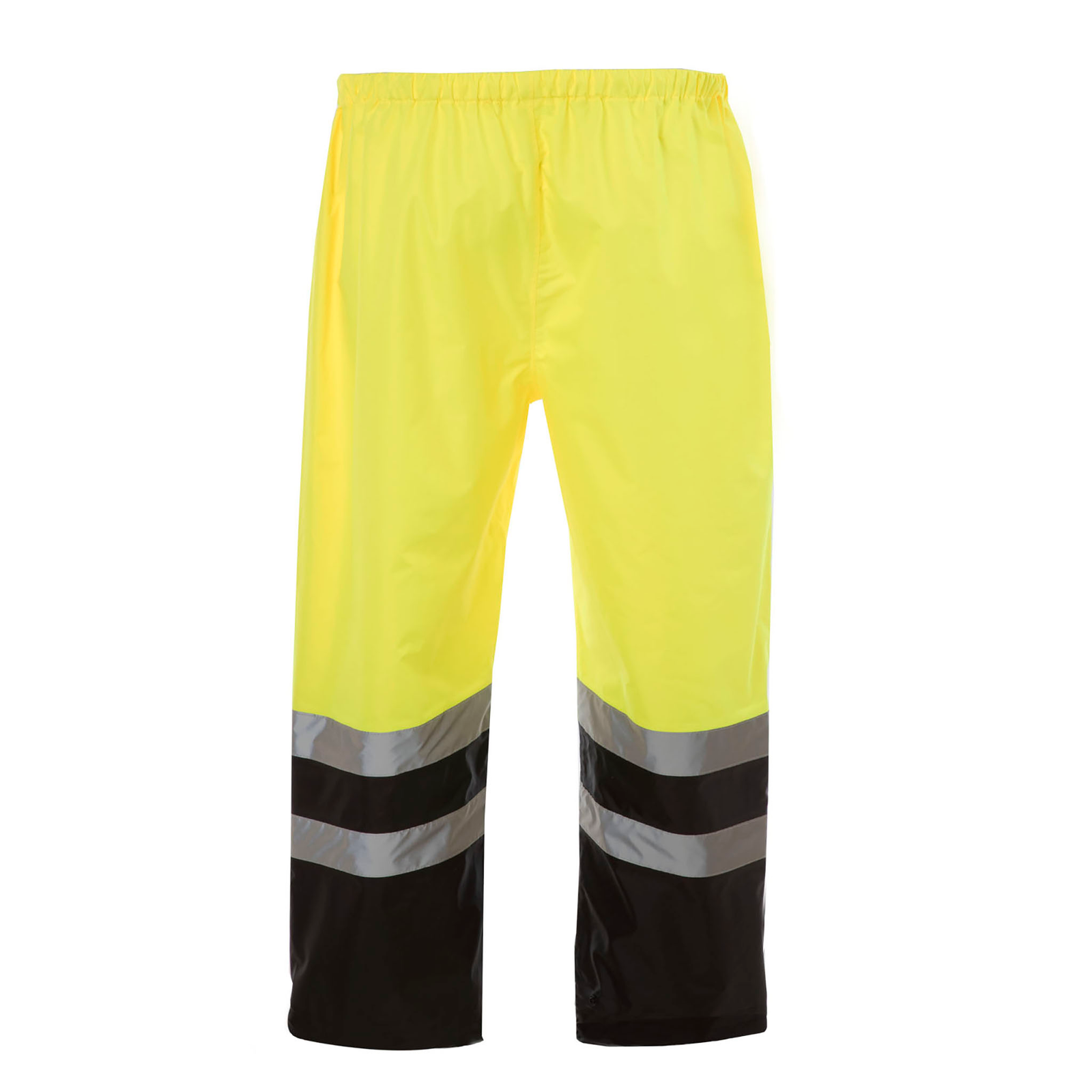 Front view of the black and yellow high visibility JORESTECH rain pant with reflective strips