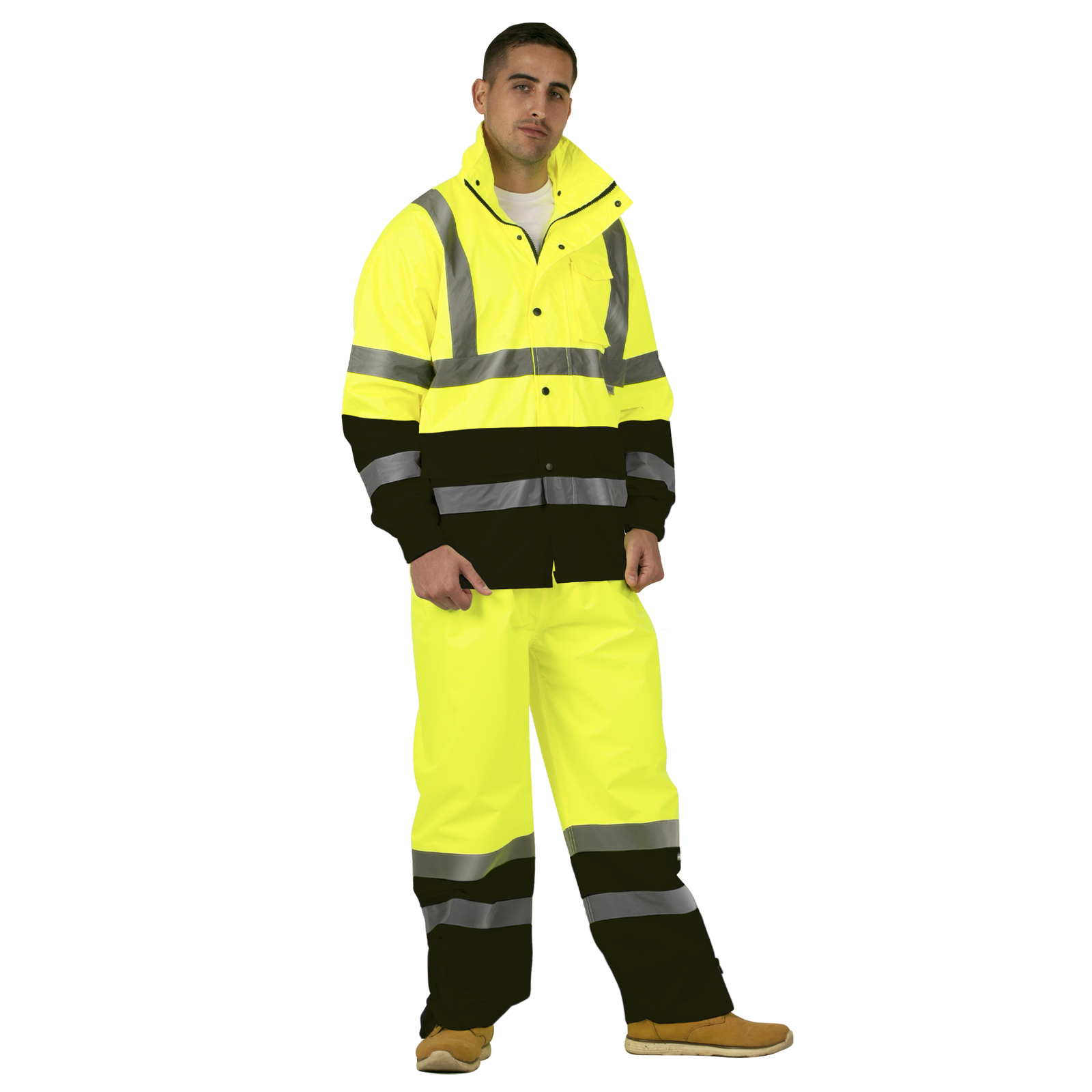 Image of a man wearing the yellow black high visibility JORESTECH® rain set with 2 inch reflective strips over white background