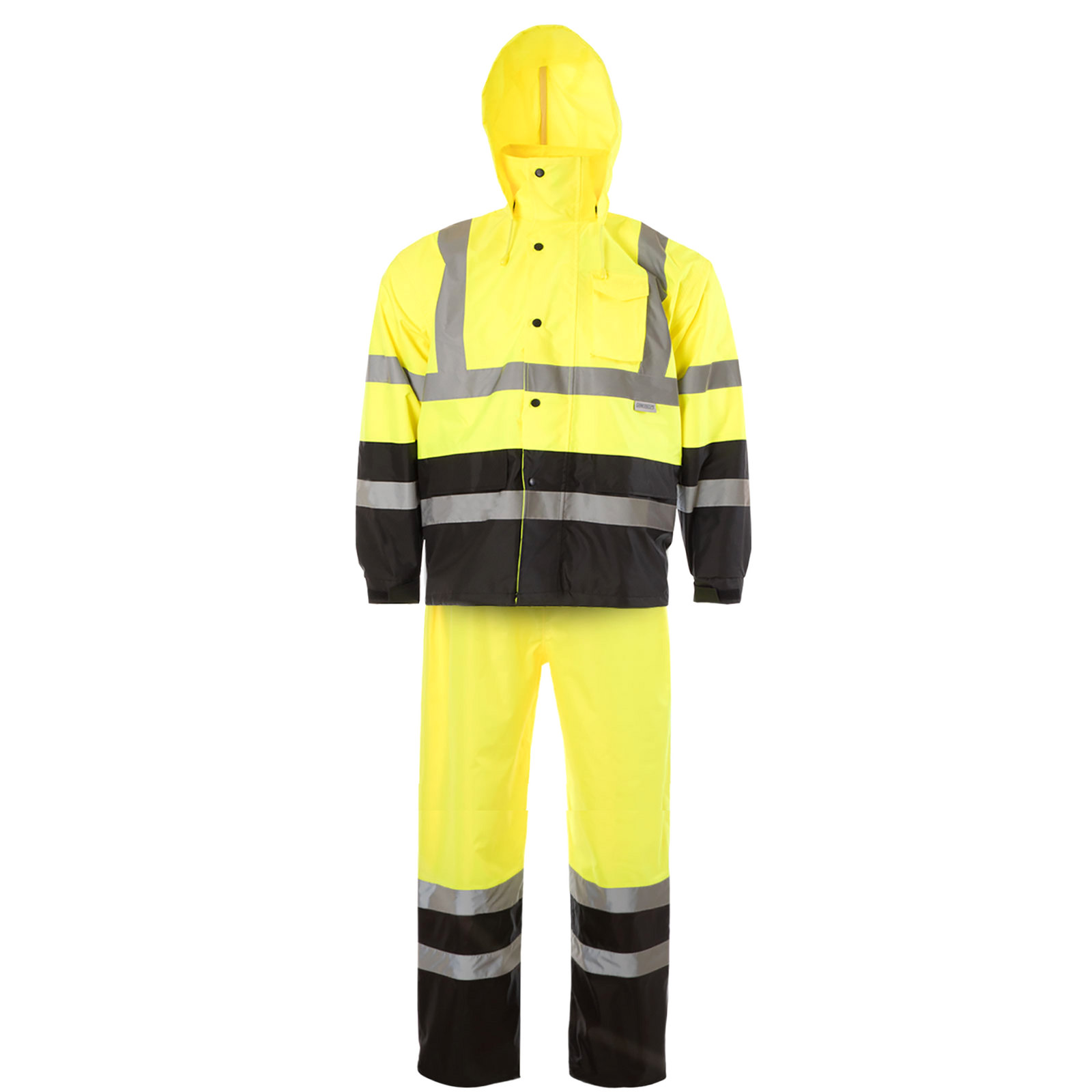 Image of the yellow black high visibility JORESTECH® rain set with 2 inch reflective strips over white background