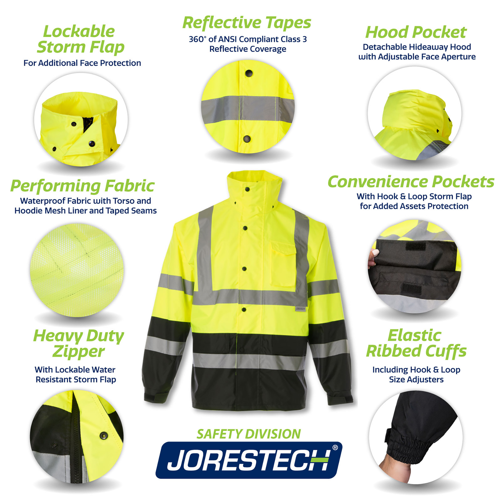 Image of the yellow/lime and black rain jacket pus 7 call outs. Call outs read: Lockable storm flap for face protection. Reflective tapes ANSI compliant class 3. Hood pocket detachable and hide away hood. Performing fabric, waterproof, mesh liner and taped seams. Multiple convenience pockets. Heavy duty zipper with additional storm flap. Elastic ribbed cuffs with hook and loop strap