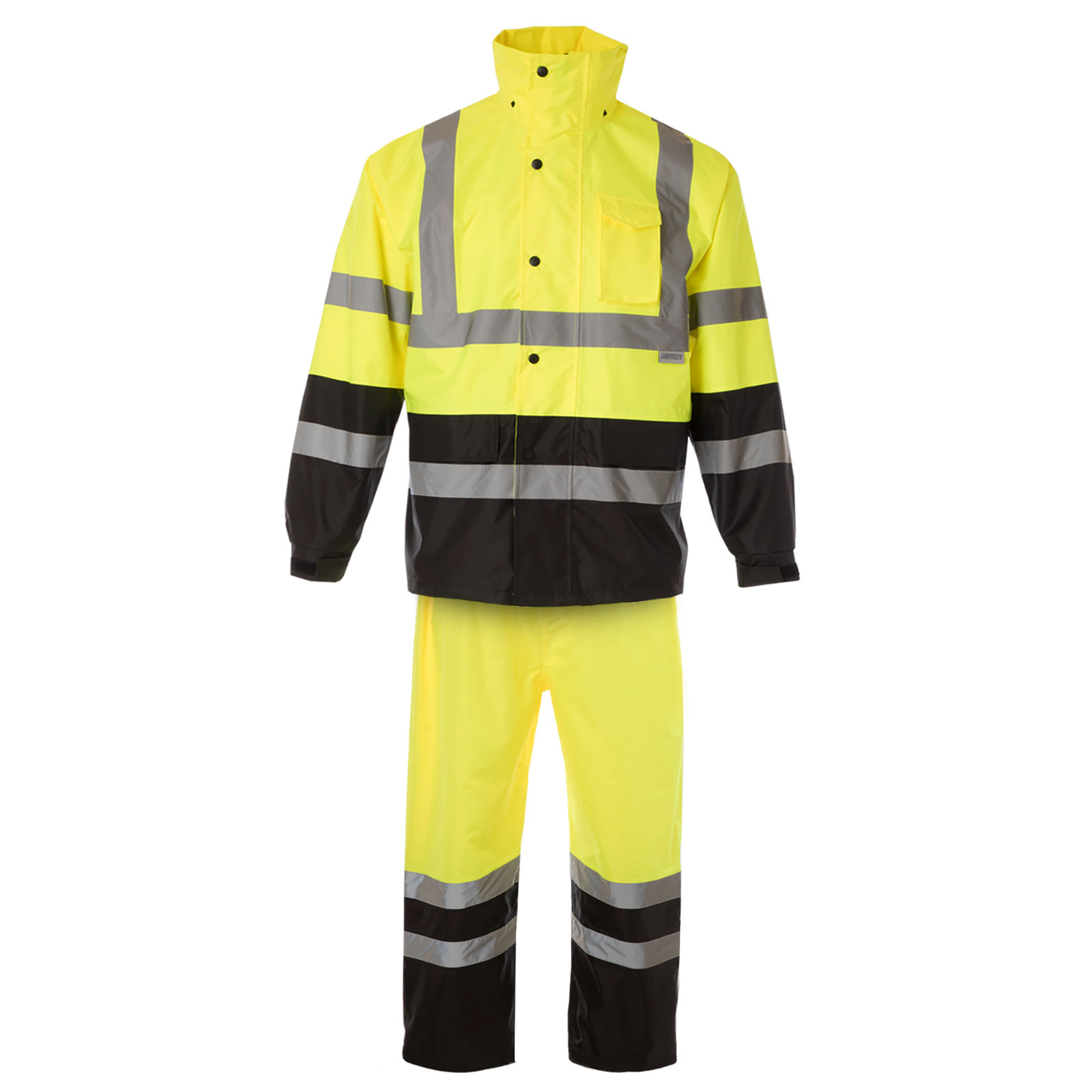 Front view of the yellow black high visibility JORESTECH® rain set with 2 inch reflective strips over white background