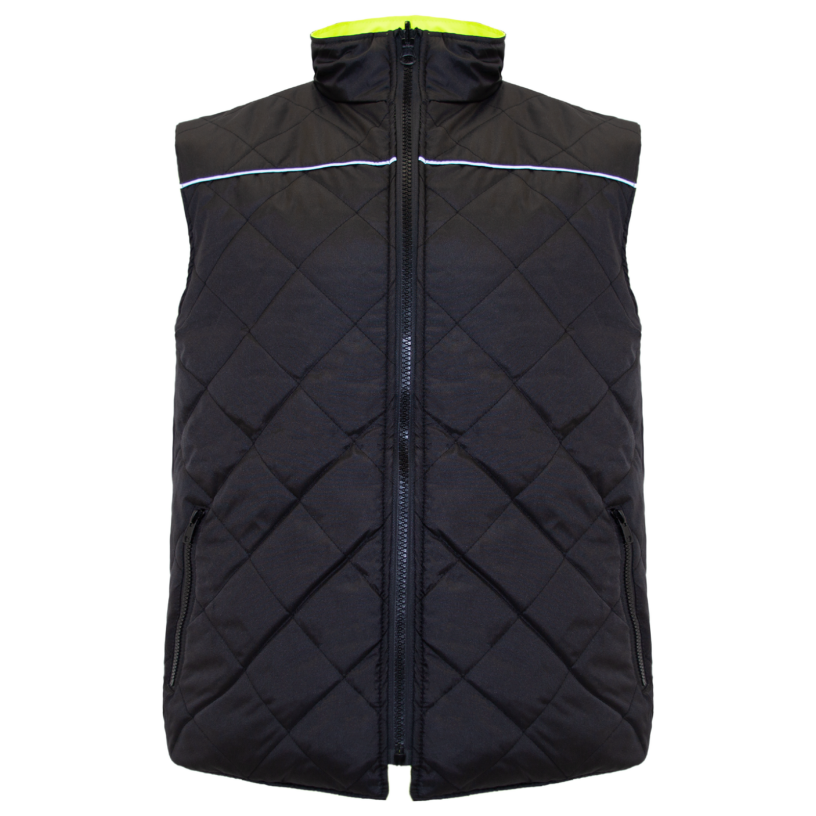 Features the black side of the JORESTECH® reversible insulated safety vest with reflective strips