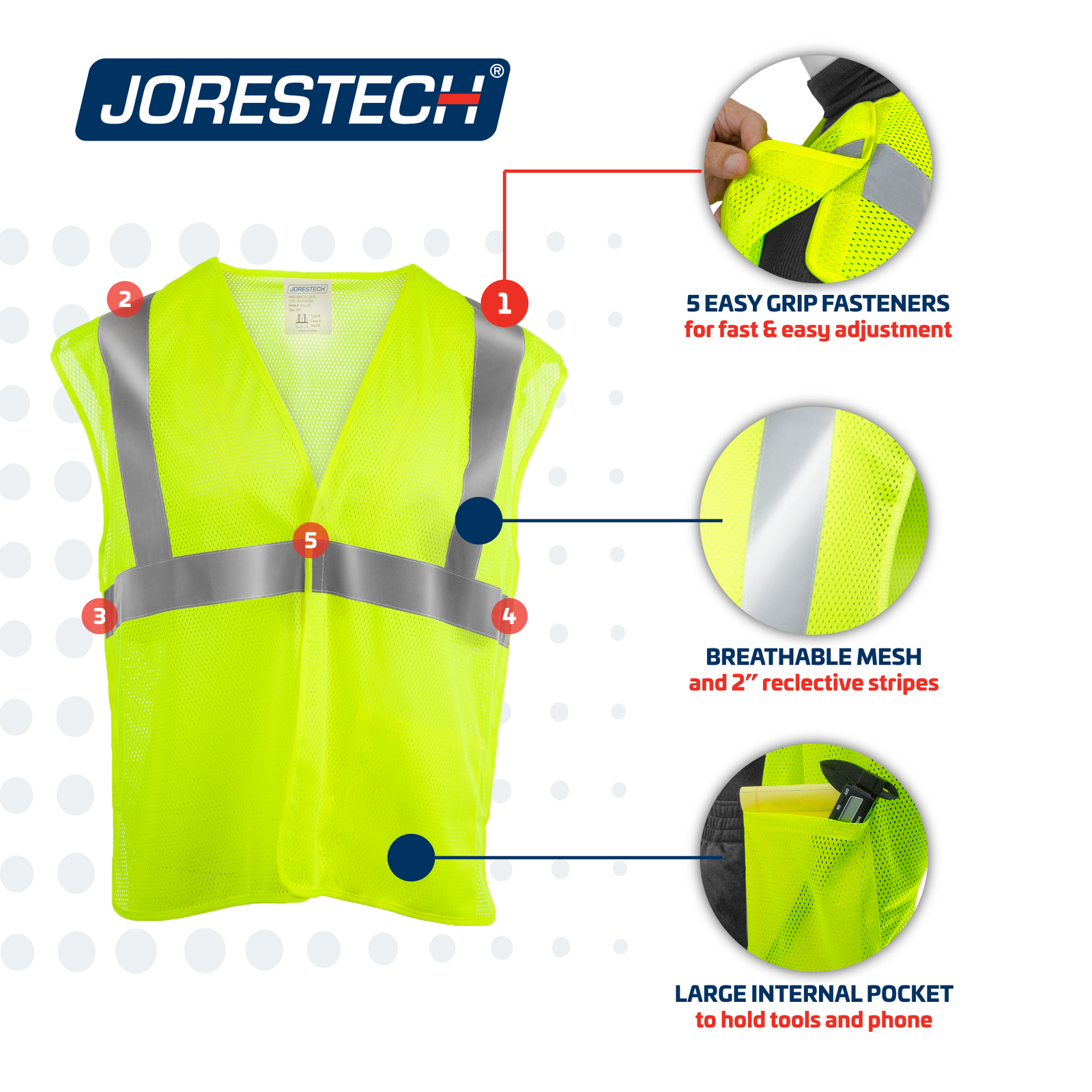 Lime JORESTECH hi visibility mesh tearaway safety vest with easy fasteners, breathable mesh and integrated pocket