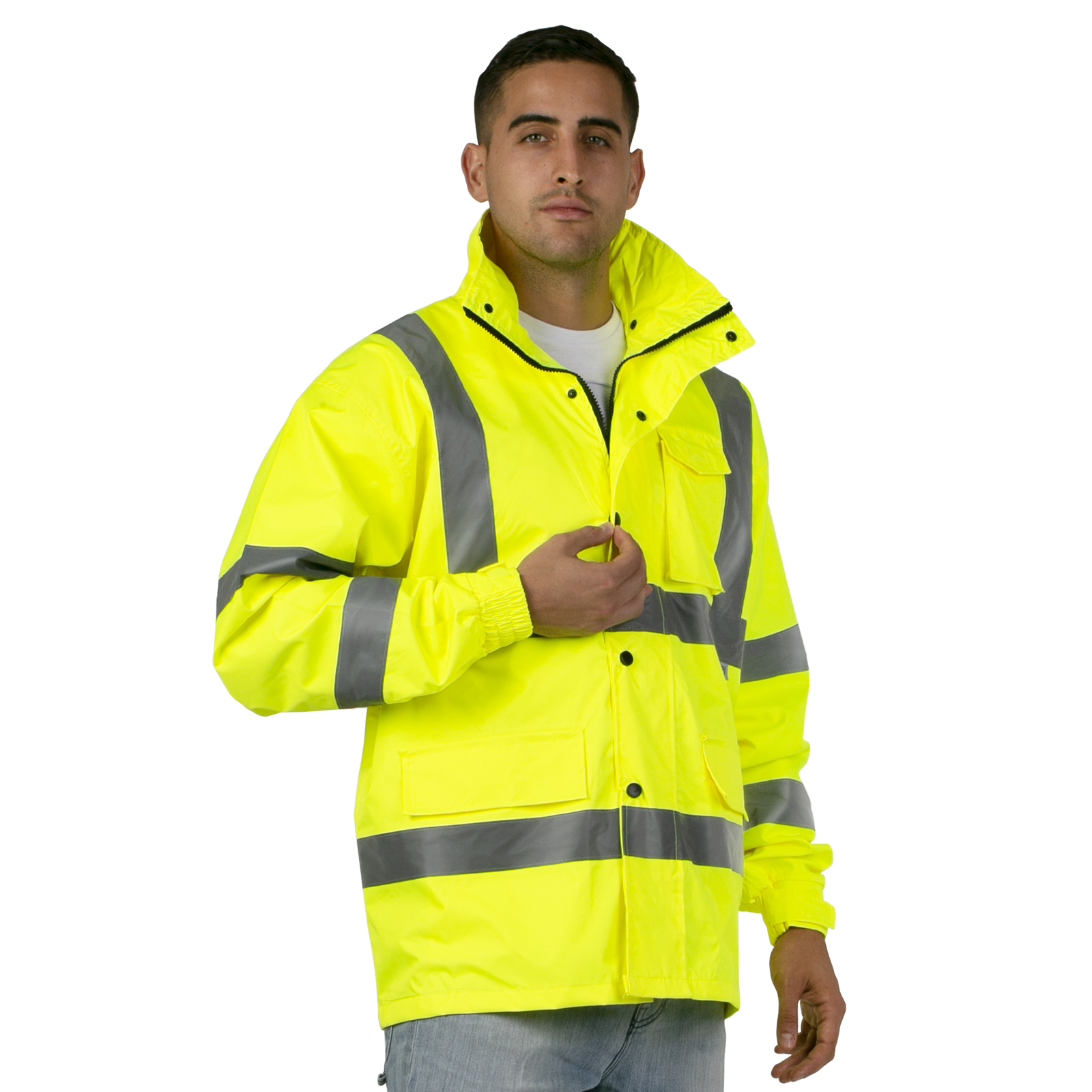 Man wearing the high visibility yellow waterproof rain jacket ANSI class 3 typ R