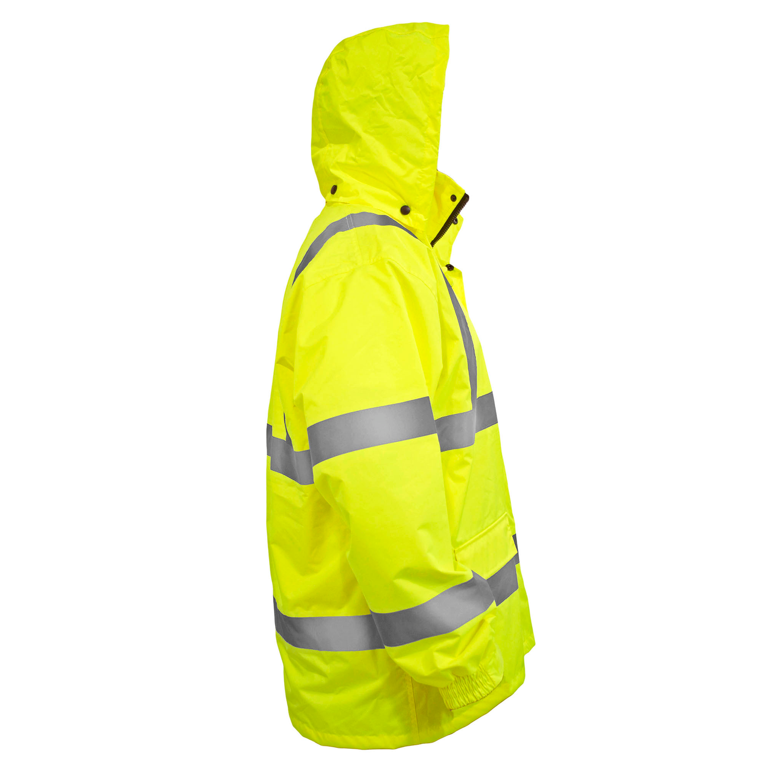 High visibility yellow ANSI rain jacket with hoodie and 2 inches reflective strips