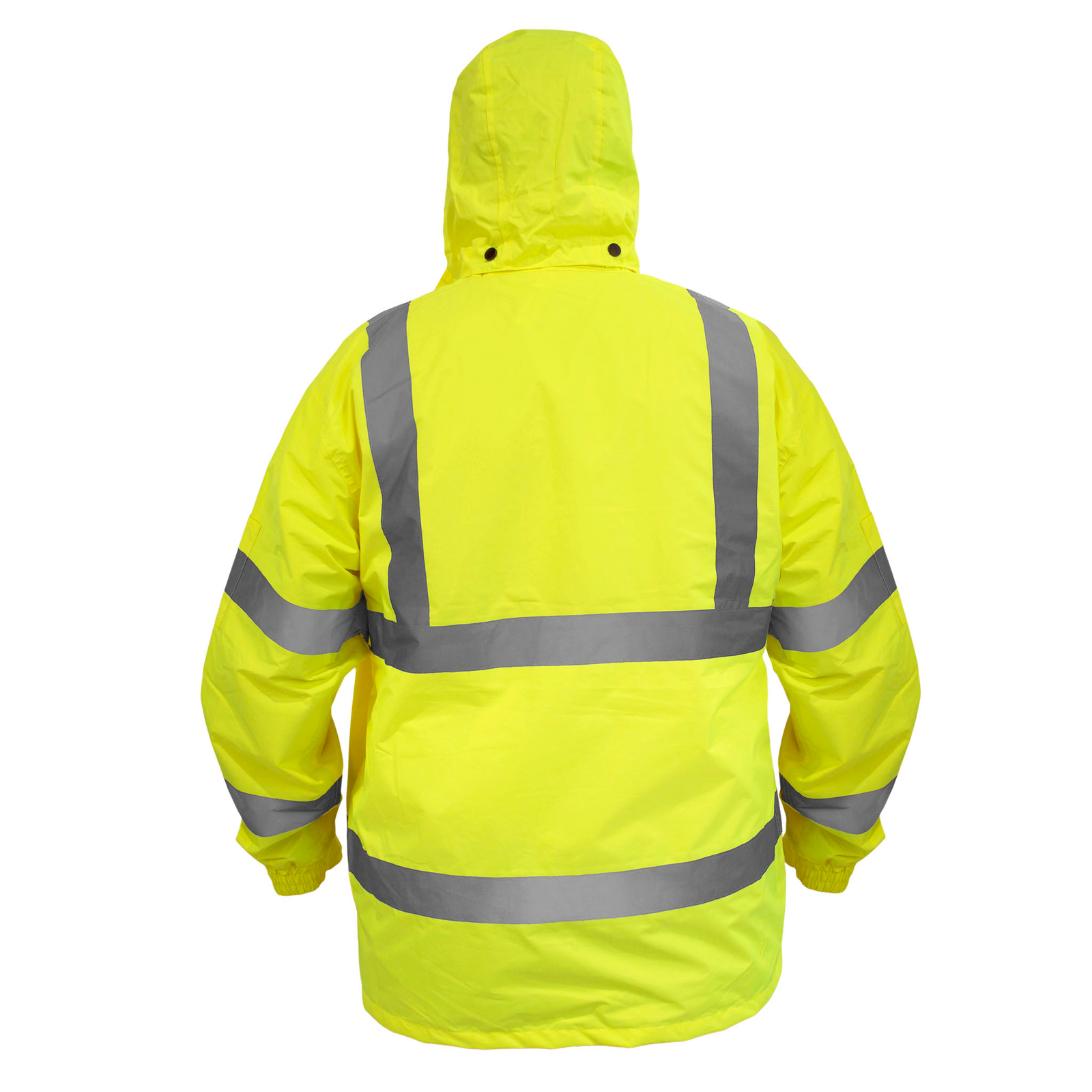 High visibility yellow rain jacket with 2 inches reflective strips and detachable hoodie