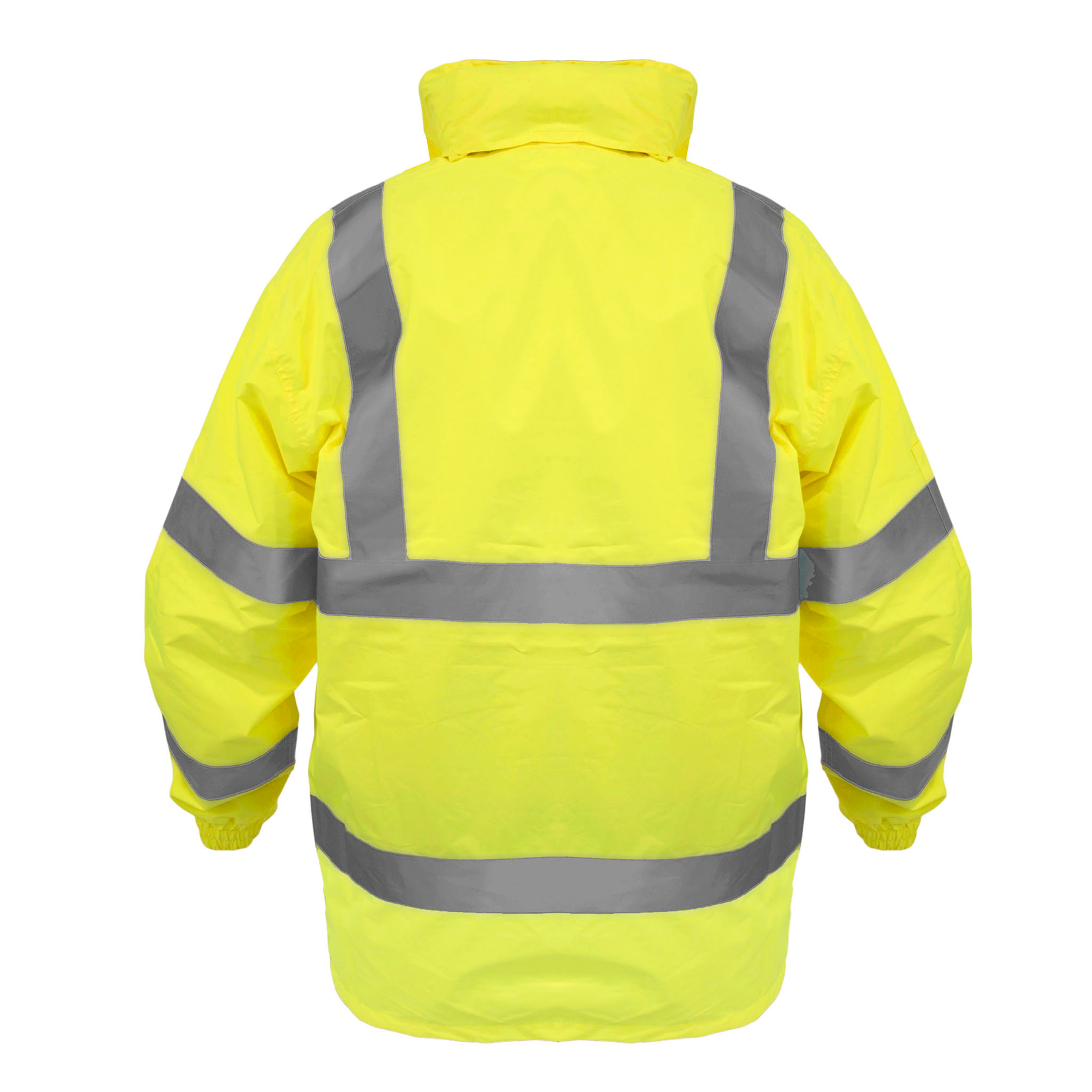 Back view of a JORESTECH High visibility yellow rain jacket with 2 inches reflective strips and hideaway hoodie
