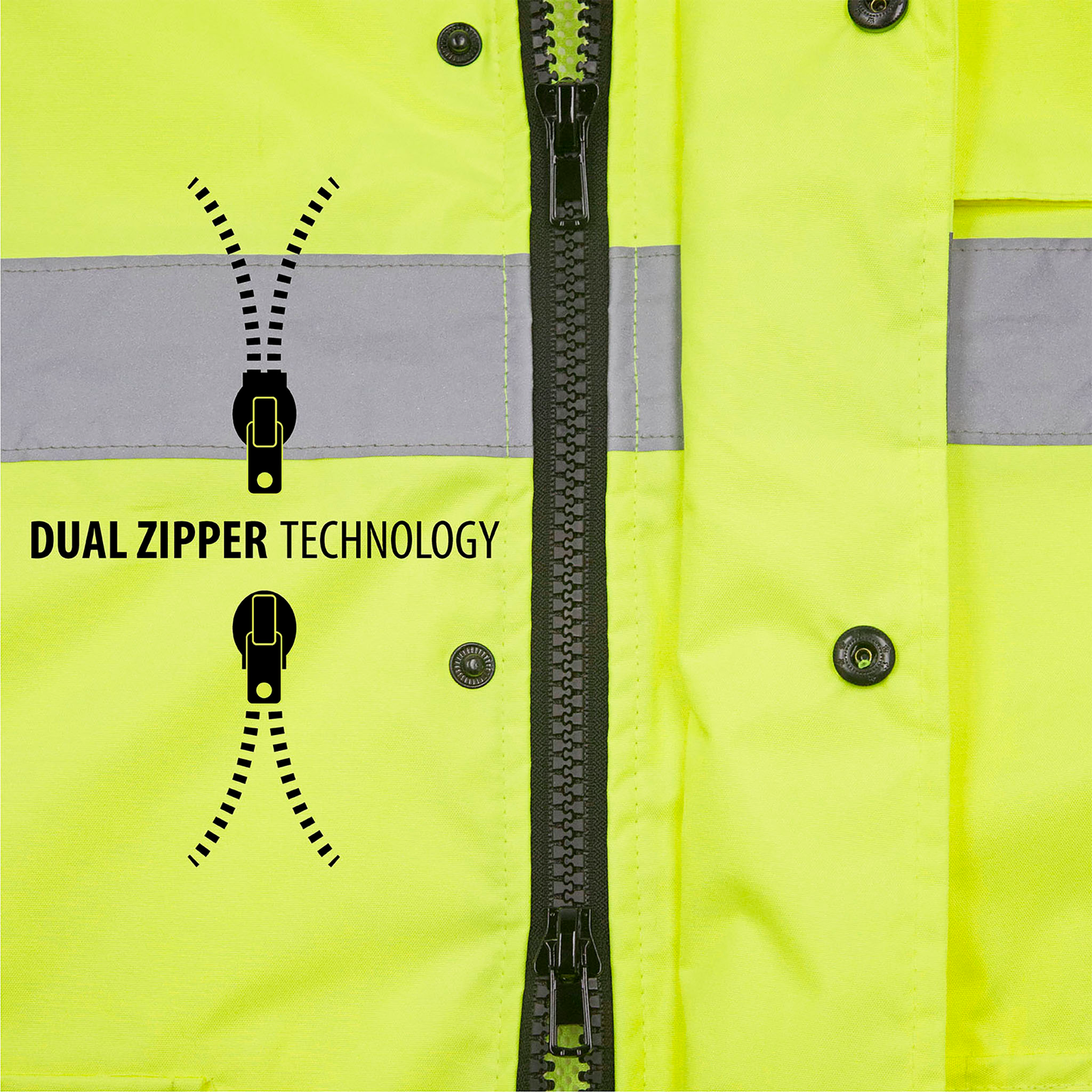 Close of the tow way zipper. Features that zipper opens from the bottom up and from the top down.