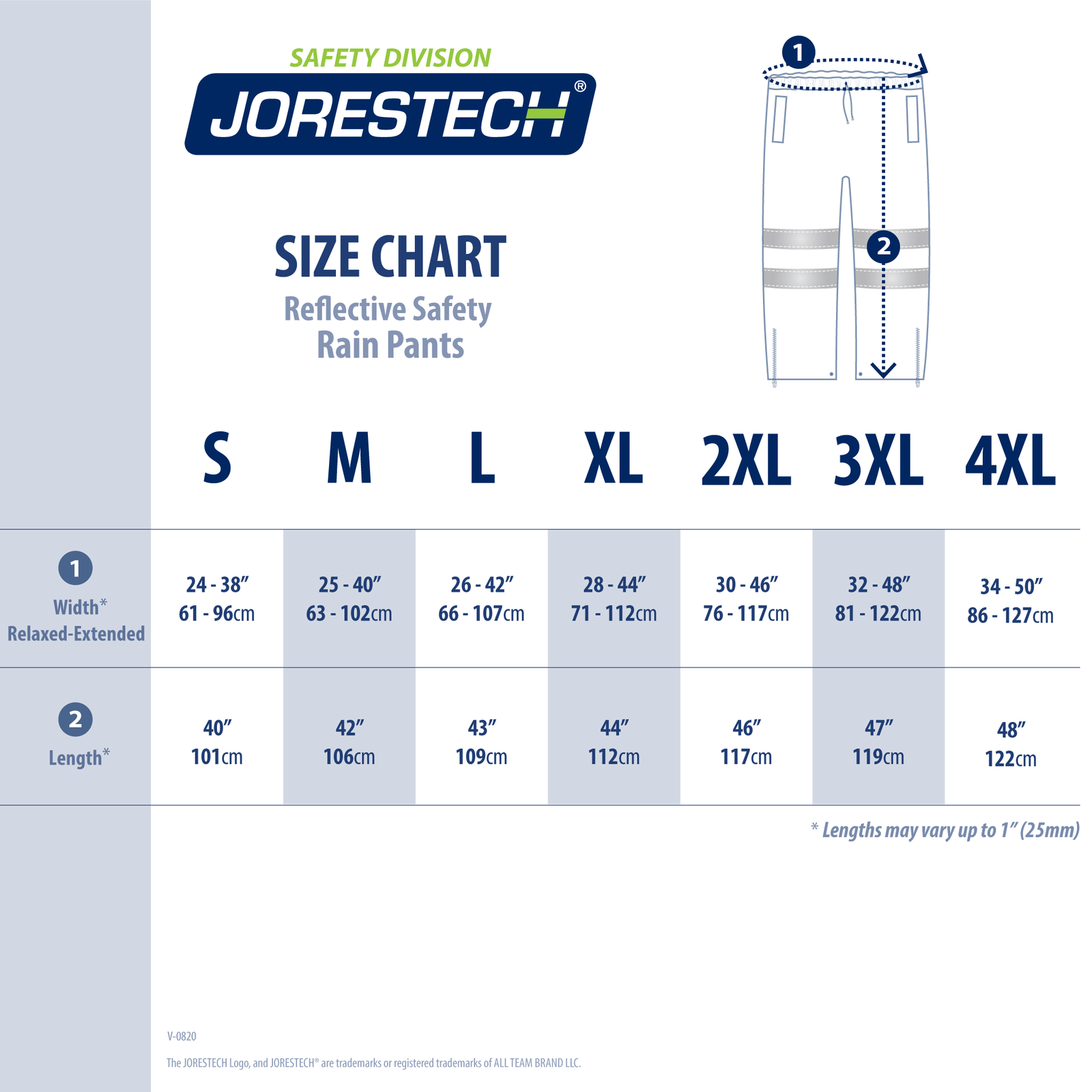 Size chart image JORESTECH hi viz yellow rain pants with reflective strips