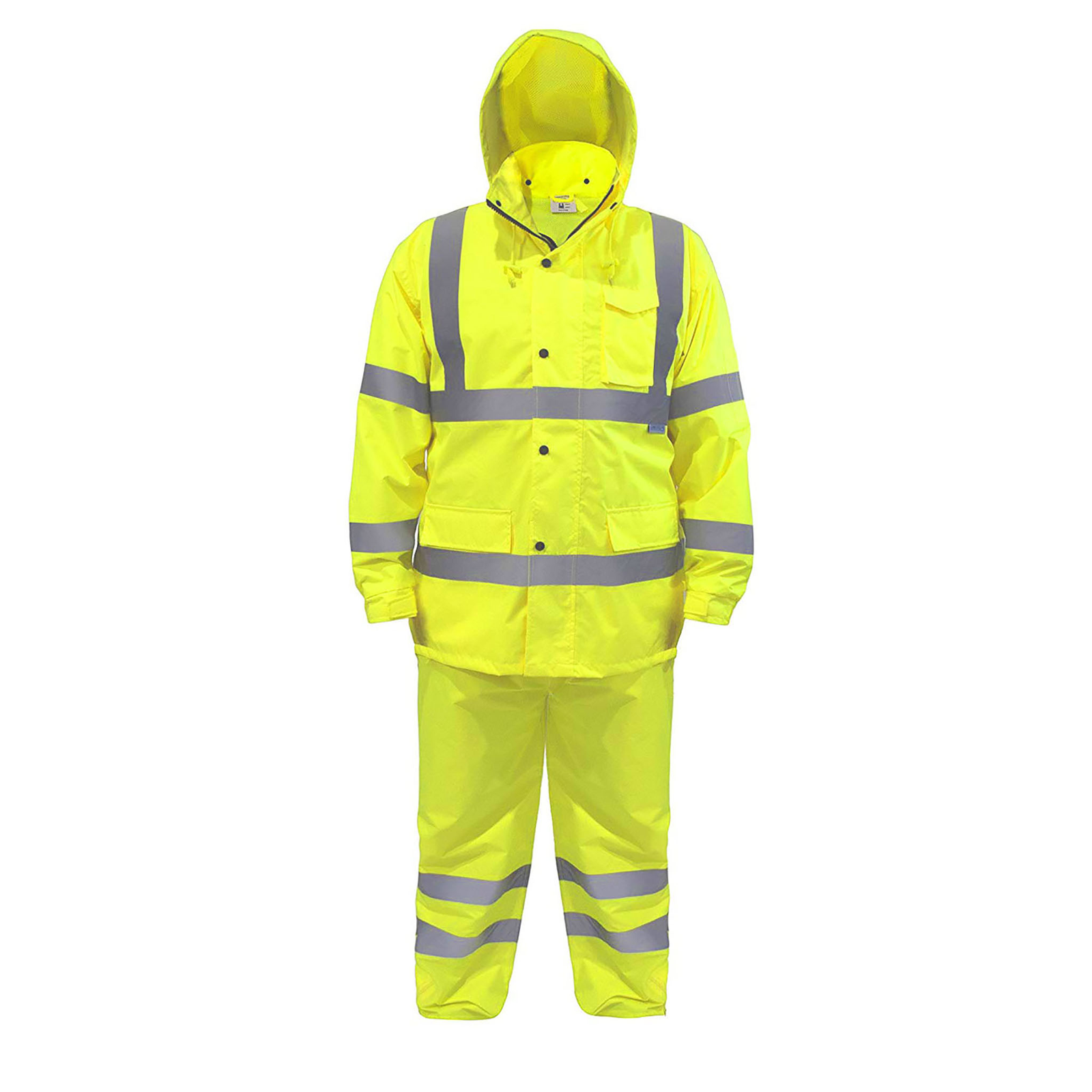 Image of the all yellow high visibility JORESTECH® rain set with 2 inch reflective strips over white background