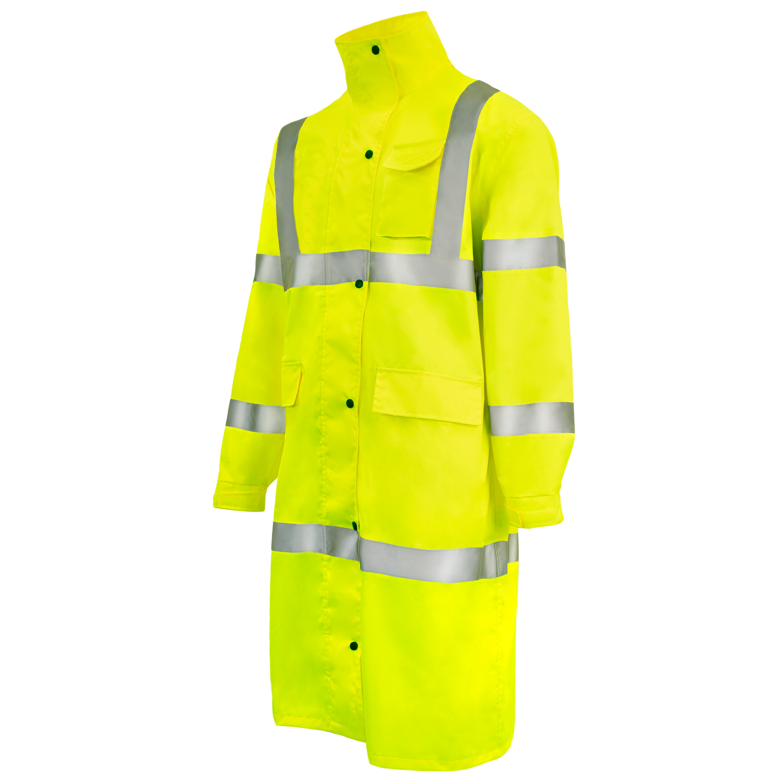 Diagonal view of the JORESTECH Yellow Rain Coat with 2 inch reflective strips