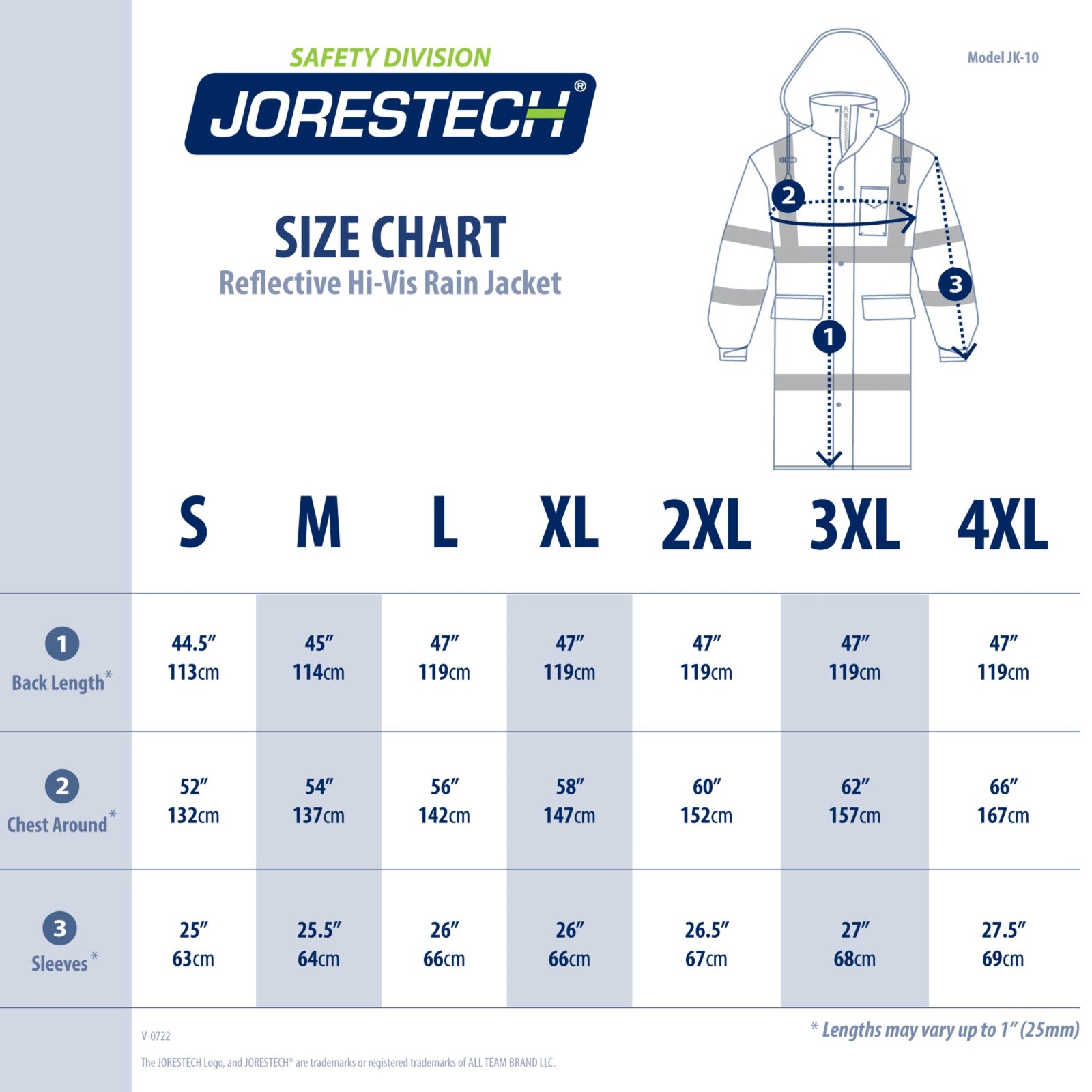 Size chart for the JORESTECH waterproof safety rain coat for road protection