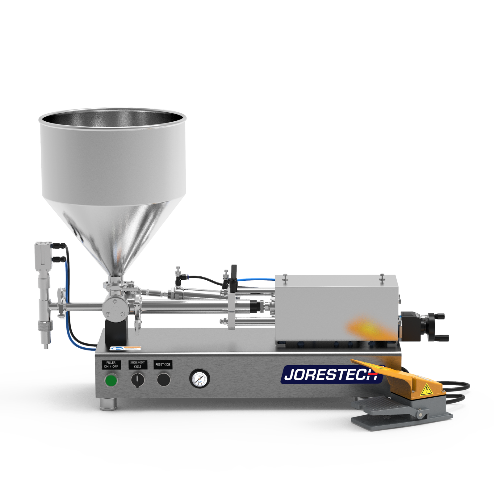 High viscosity tabletop paste piston filling machine . The piston filler is made out of stainless steel and there's a yellow and grey foot pedal resting on the side.