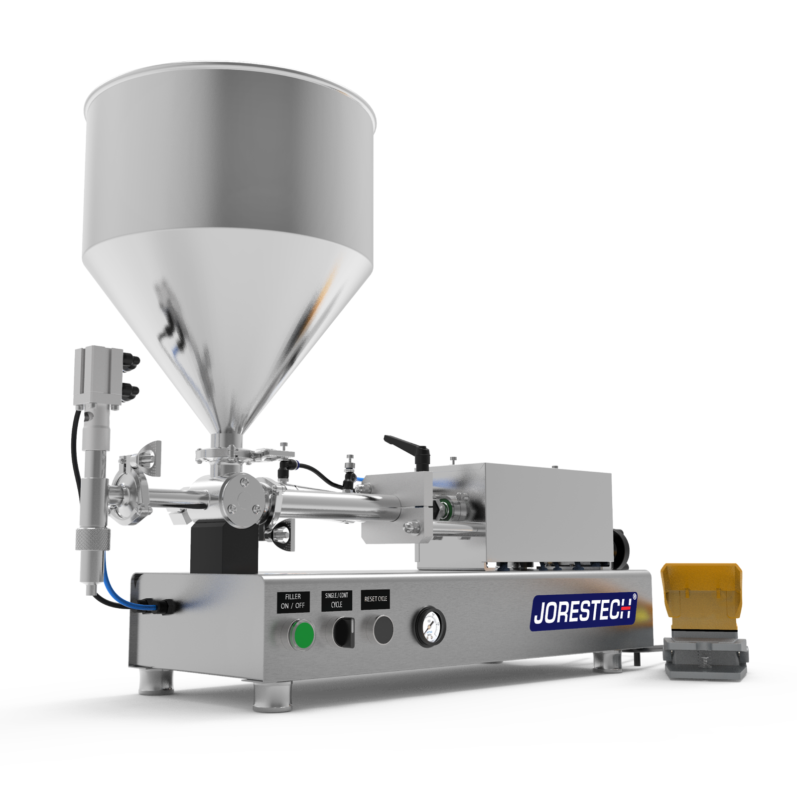 A high viscosity High Viscosity tabletop paste piston filler for 100ML by JORES TECHNOLOGIES® paste piston filling machine. Stainless steel table top piston filler with yellow foot pedal resting on the side.