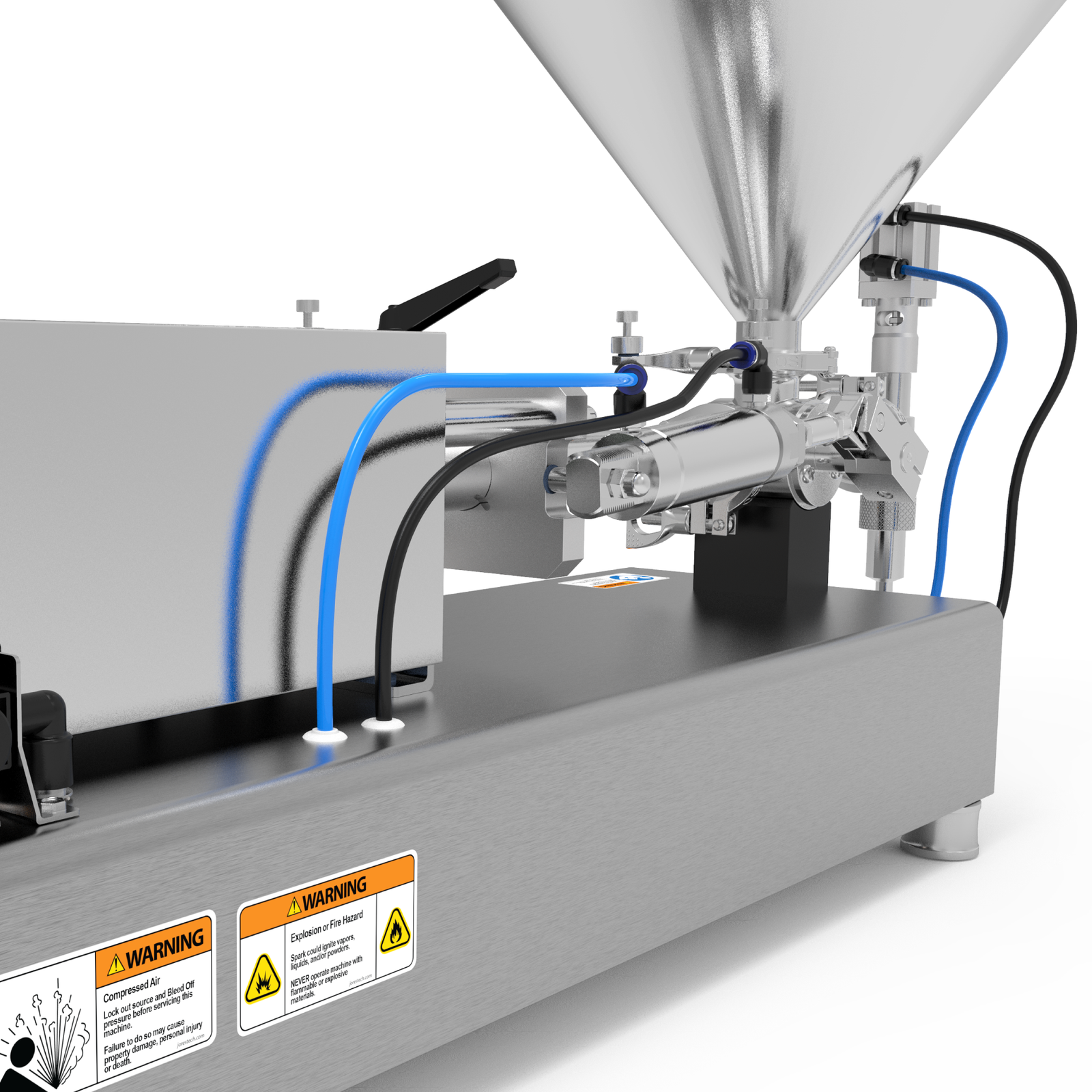 closeup of machine components of the JORES TECHNOLOGIES® paste piston filler