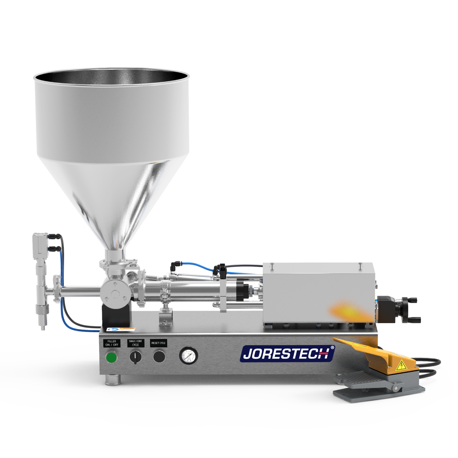 A high viscosity JORES TECHNOLOGIES® paste piston filling machine in a frontal view over white background. The piston filler is made out of stainless steel and there's a yellow and grey foot pedal resting on the side.