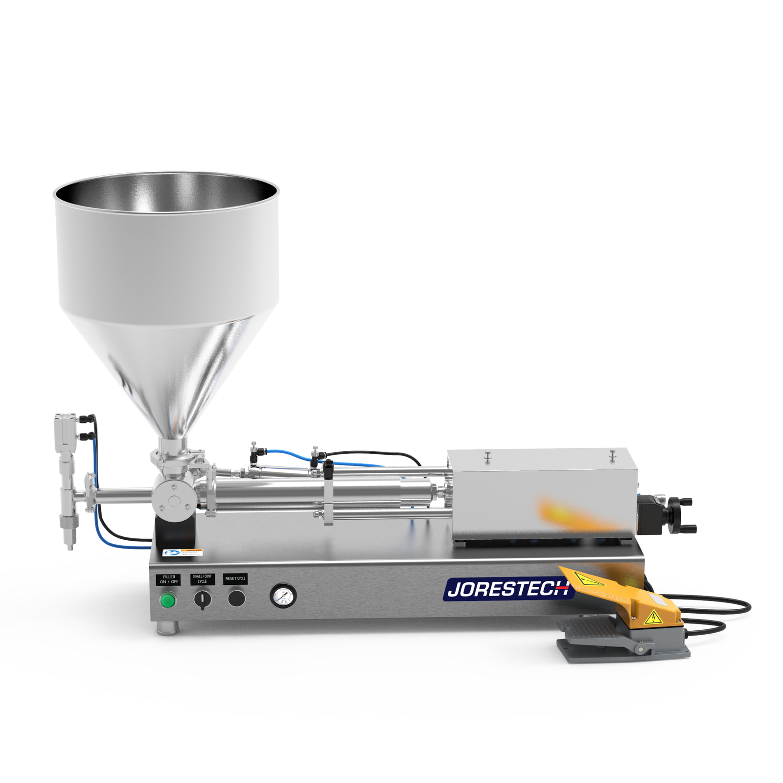A high viscosity JORES TECHNOLOGIES® paste piston filling machine with foot pedal . The piston filler is made out of stainless steel and there's a yellow and grey foot pedal resting on the side.