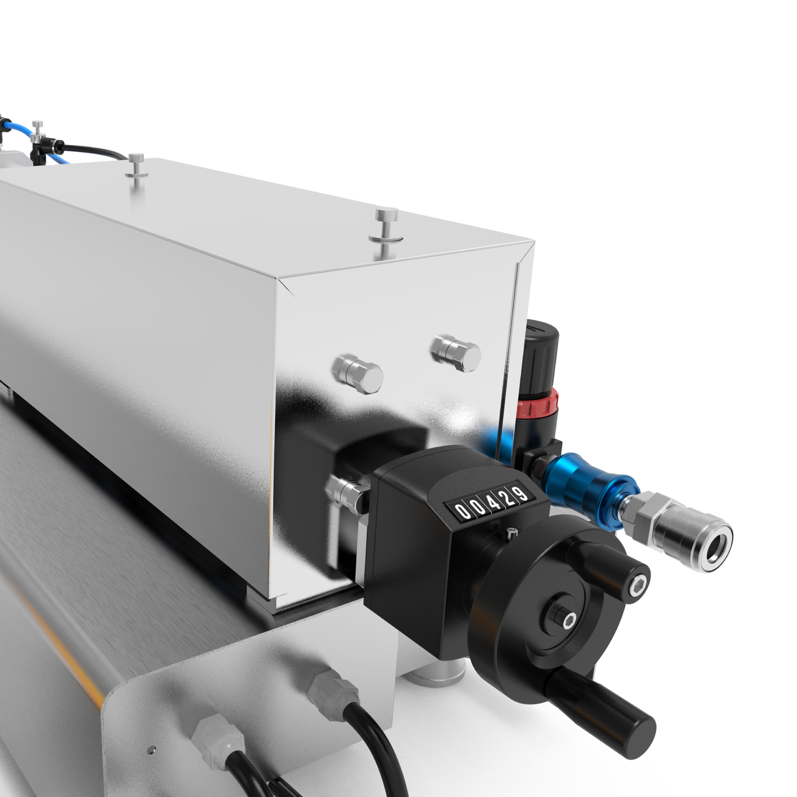 A high viscosity JORES TECHNOLOGIES® paste filling machine shown from the back. The fill volume adjuster and compressed air connector can be easily appreciated.